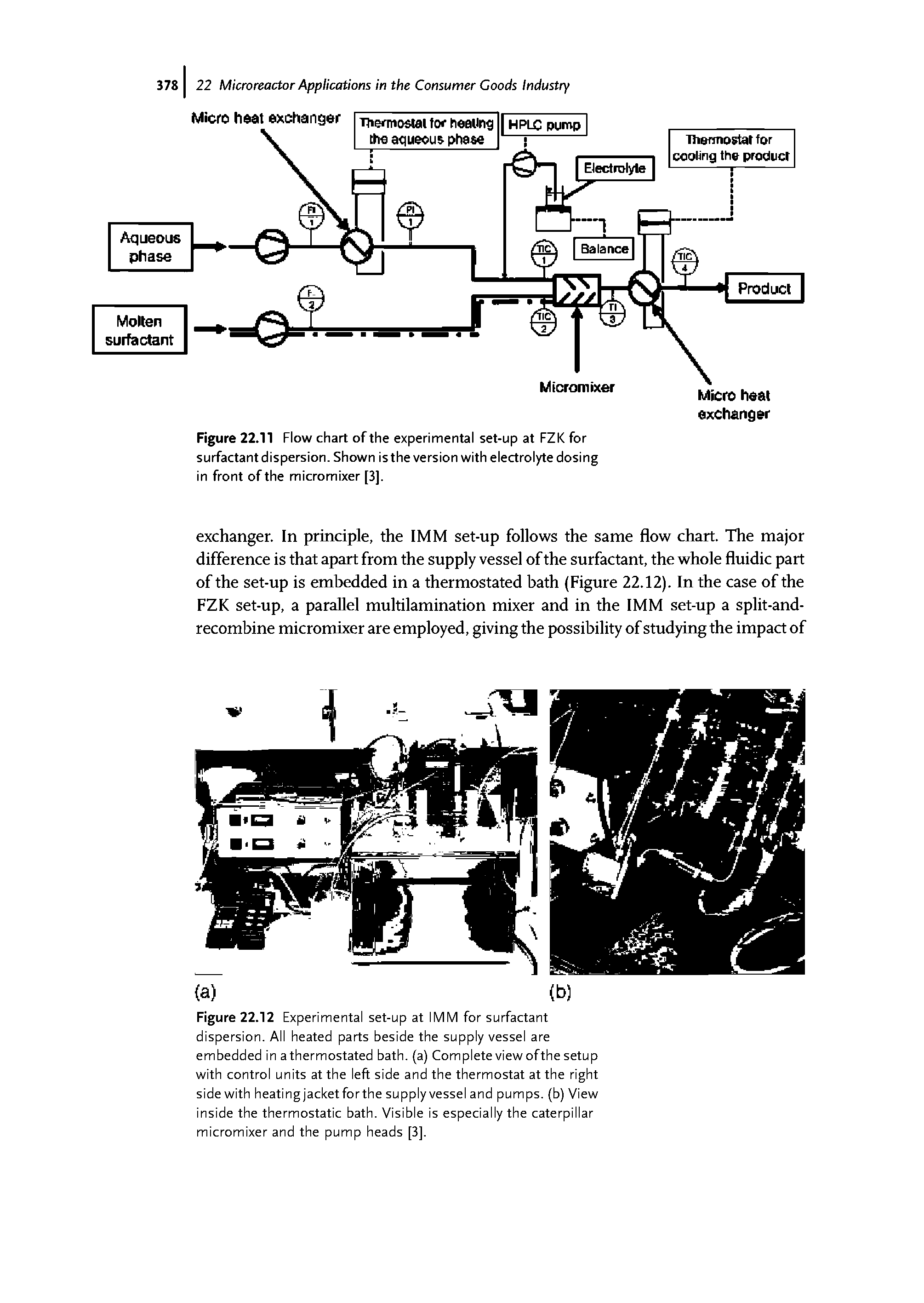 Figure 22.12 Experimental set-up at IMM for surfactant dispersion. All heated parts beside the supply vessel are embedded in a thermostated bath, (a) Complete view of the setup with control units at the left side and the thermostat at the right side with heatingjacketforthe supply vessel and pumps, (b) View inside the thermostatic bath. Visible is especially the caterpillar micromixer and the pump heads [3].