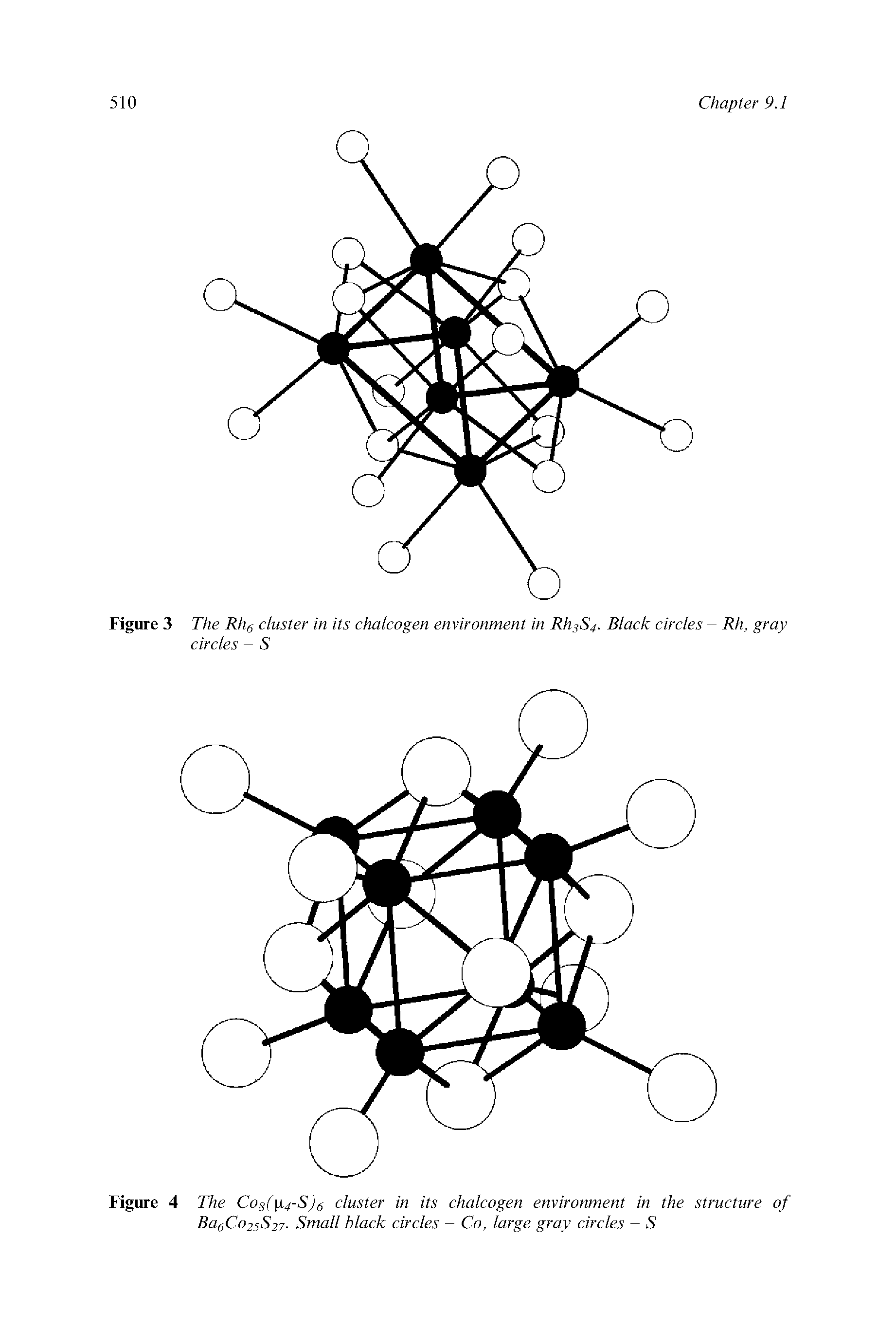 Figure 3 The Rh6 cluster in its chalcogen environment in Rh3S4. Black circles - Rh, gray circles - S...