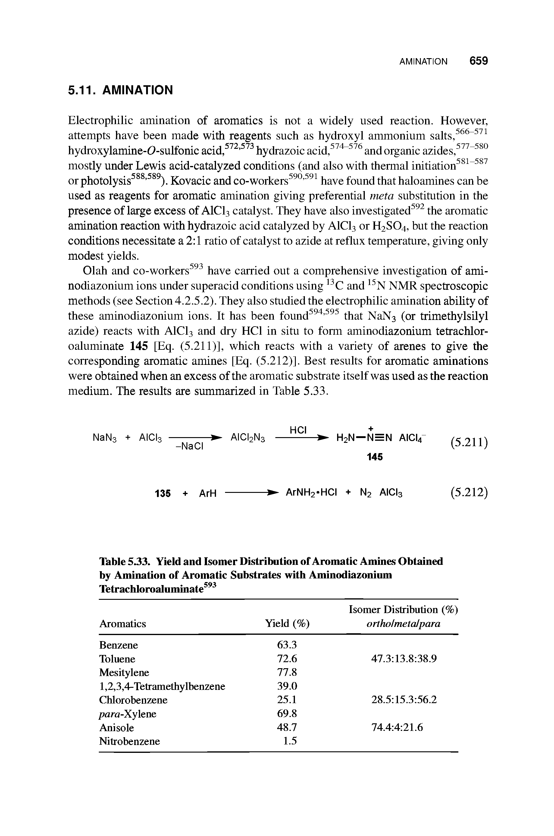 Table 5.33. Yield and Isomer Distribution of Aromatic Amines Obtained by Amination of Aromatic Substrates with Aminodiazoninm Tetrachloroaluminate593...