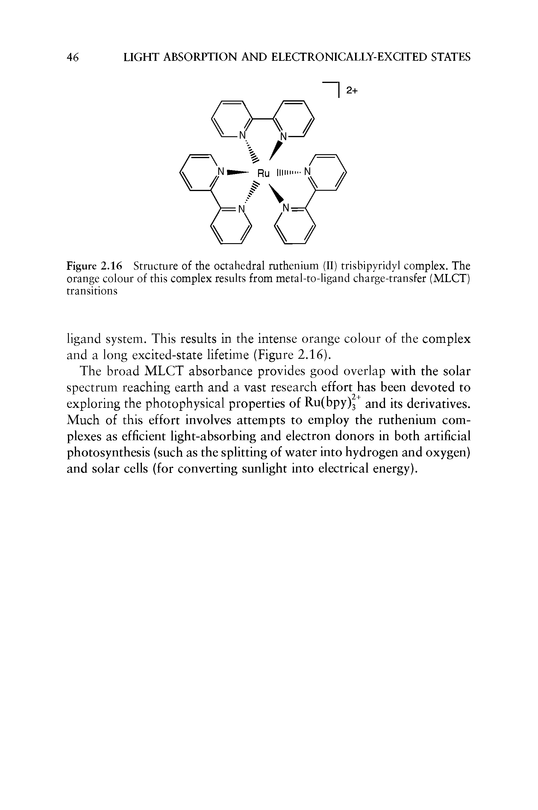 Figure 2.16 Structure of the octahedral ruthenium (II) trisbipyridyl complex. The orange colour of this complex results from metal-to-ligand charge-transfer (MLCT) transitions...
