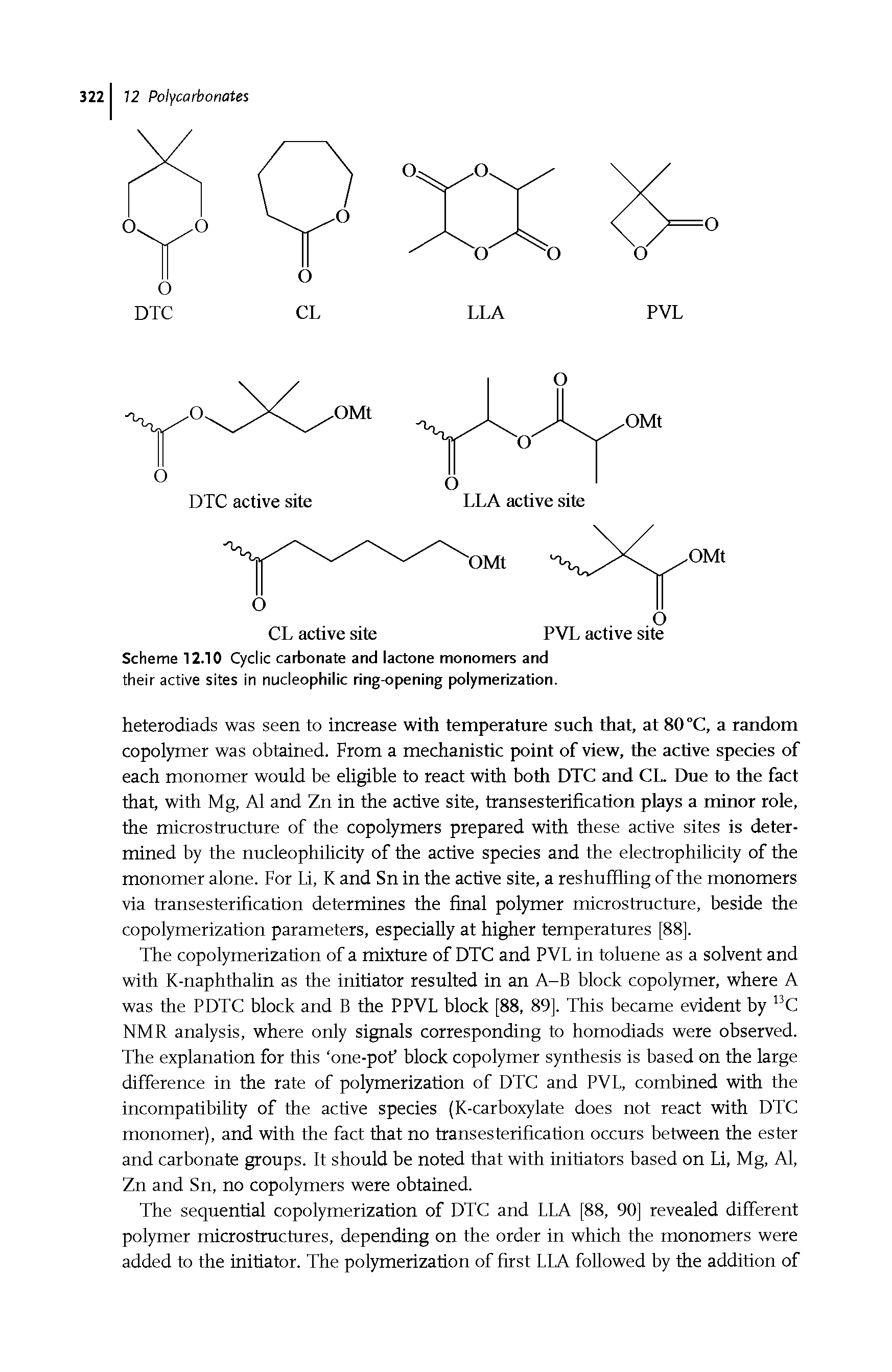 Scheme 12.10 Cyclic carbonate and lactone monomers and their active sites in nucleophilic ring-opening polymerization.