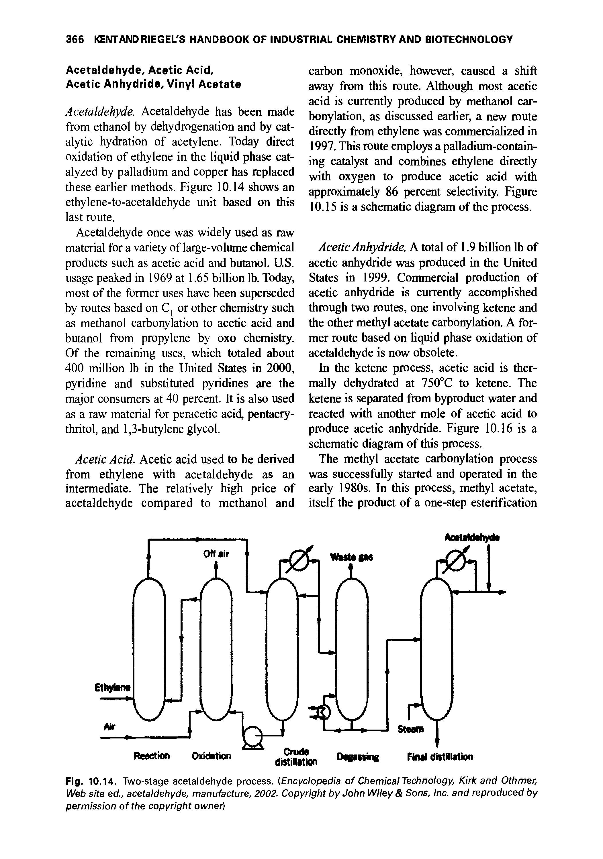 Fig. 10.14. Two-stage acetaldehyde process. (Encyclopedia of Chemical Technology, Kirk and Othmer, Web site ed., acetaldehyde, manufacture, 2002. Copyright by John Wiley Sons, Inc. and reproduced by permission of the copyright owned...