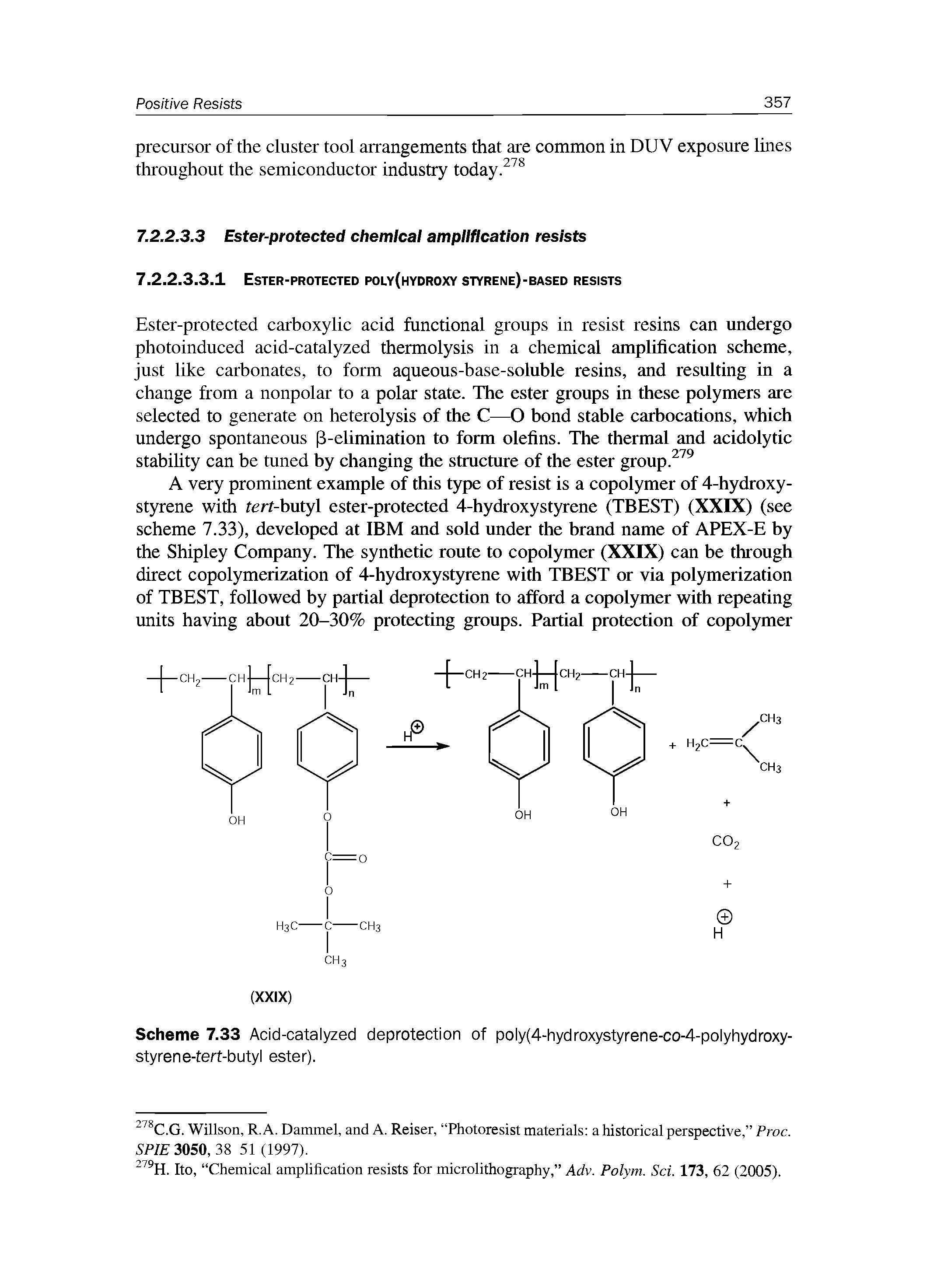 Scheme 7.33 Acid-catalyzed deprotection of poly(4-hydroxystyrene-co-4-polyhydroxy-styrene-tert-butyl ester).