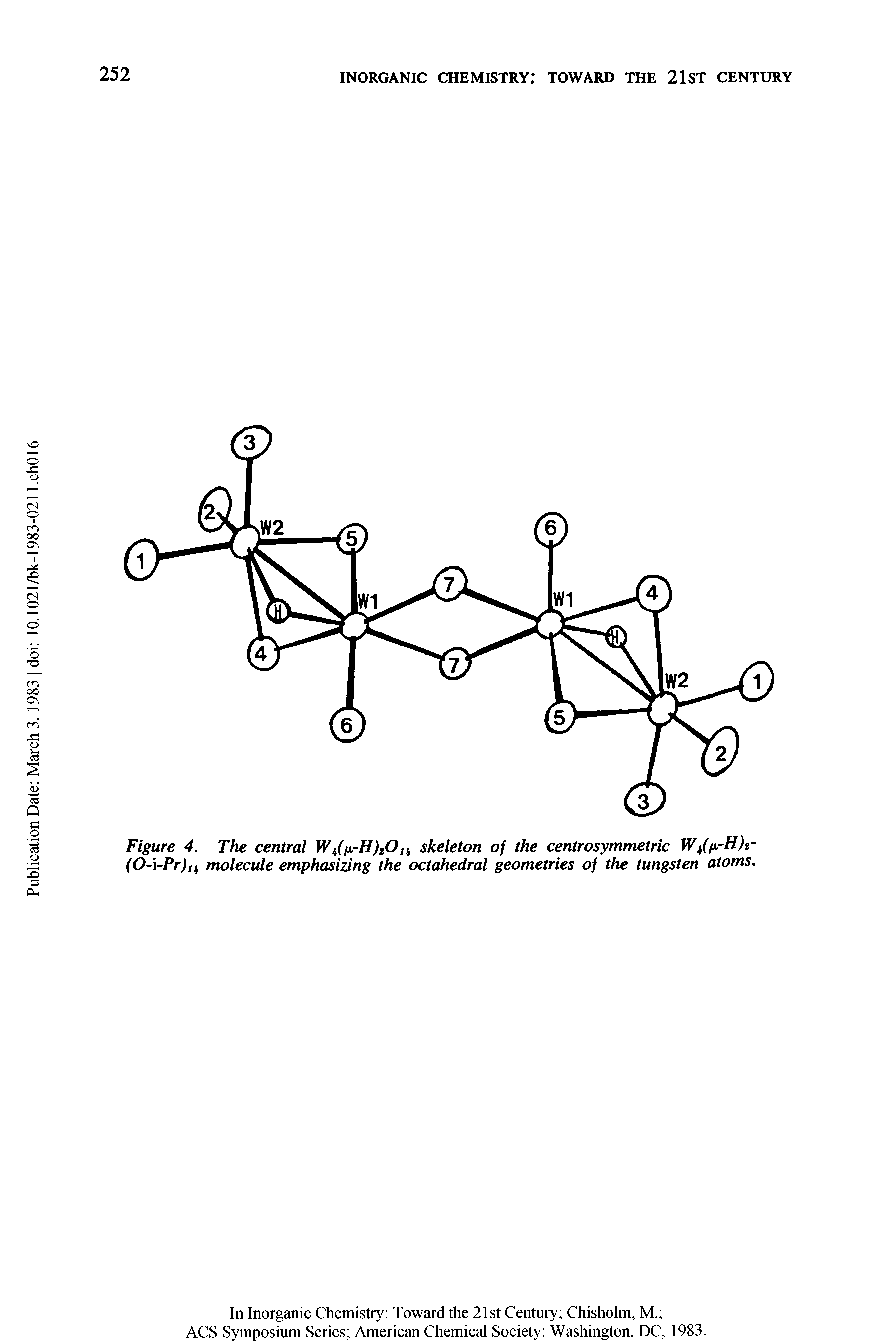 Figure 4. The central Wk(i -H)a0lk skeleton of the centrosymmetric (0- -Pr)H molecule emphasizing the octahedral geometries of the tungsten atoms.