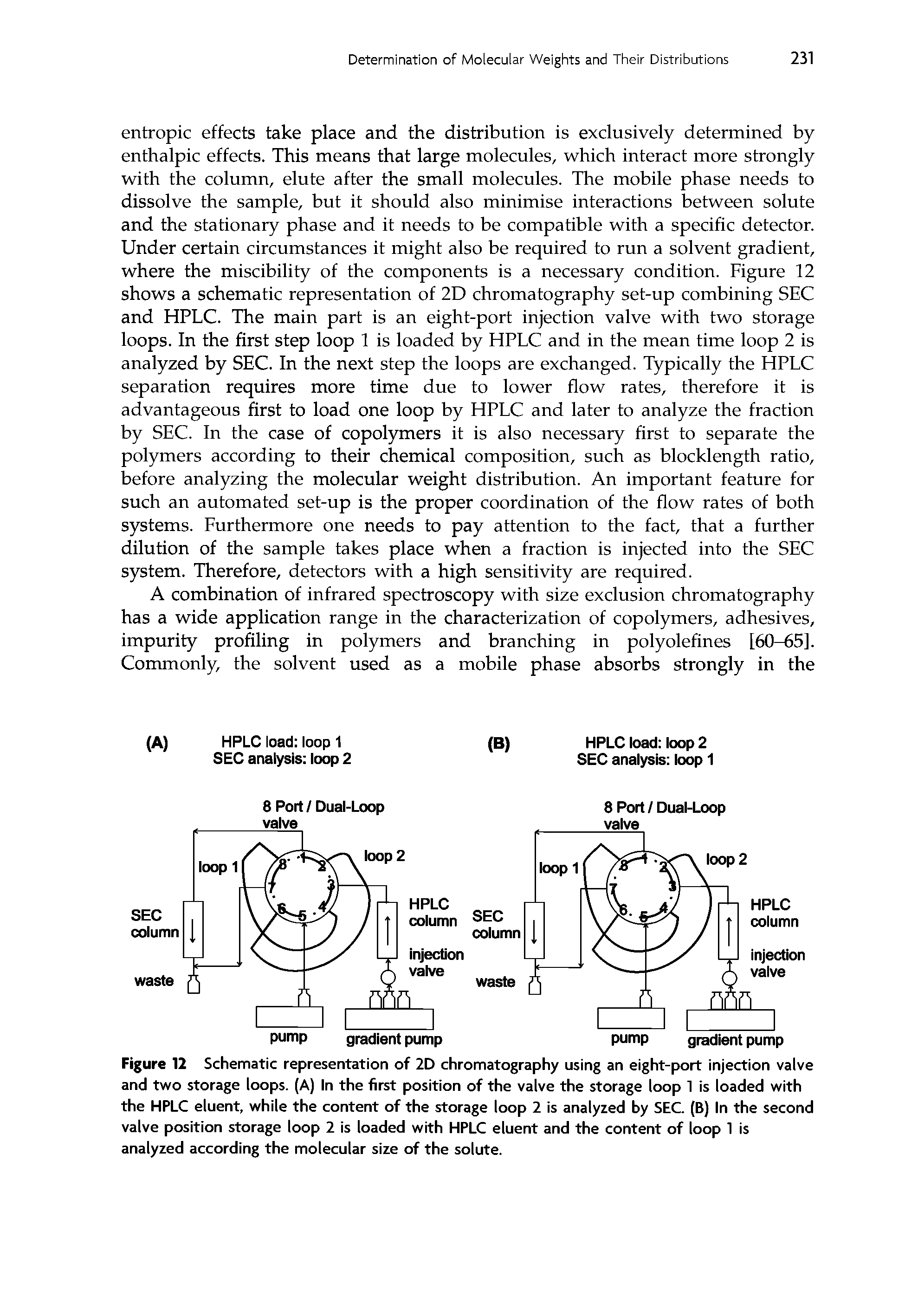 Figure 12 Schematic representation of 2D chromatography using an eight-port injection valve and two storage loops. (A) In the first position of the valve the storage loop 1 is loaded with the HPLC eluent, while the content of the storage loop 2 is analyzed by SEC. (B) In the second valve position storage loop 2 is loaded with HPLC eluent and the content of loop 1 is analyzed according the molecular size of the solute.