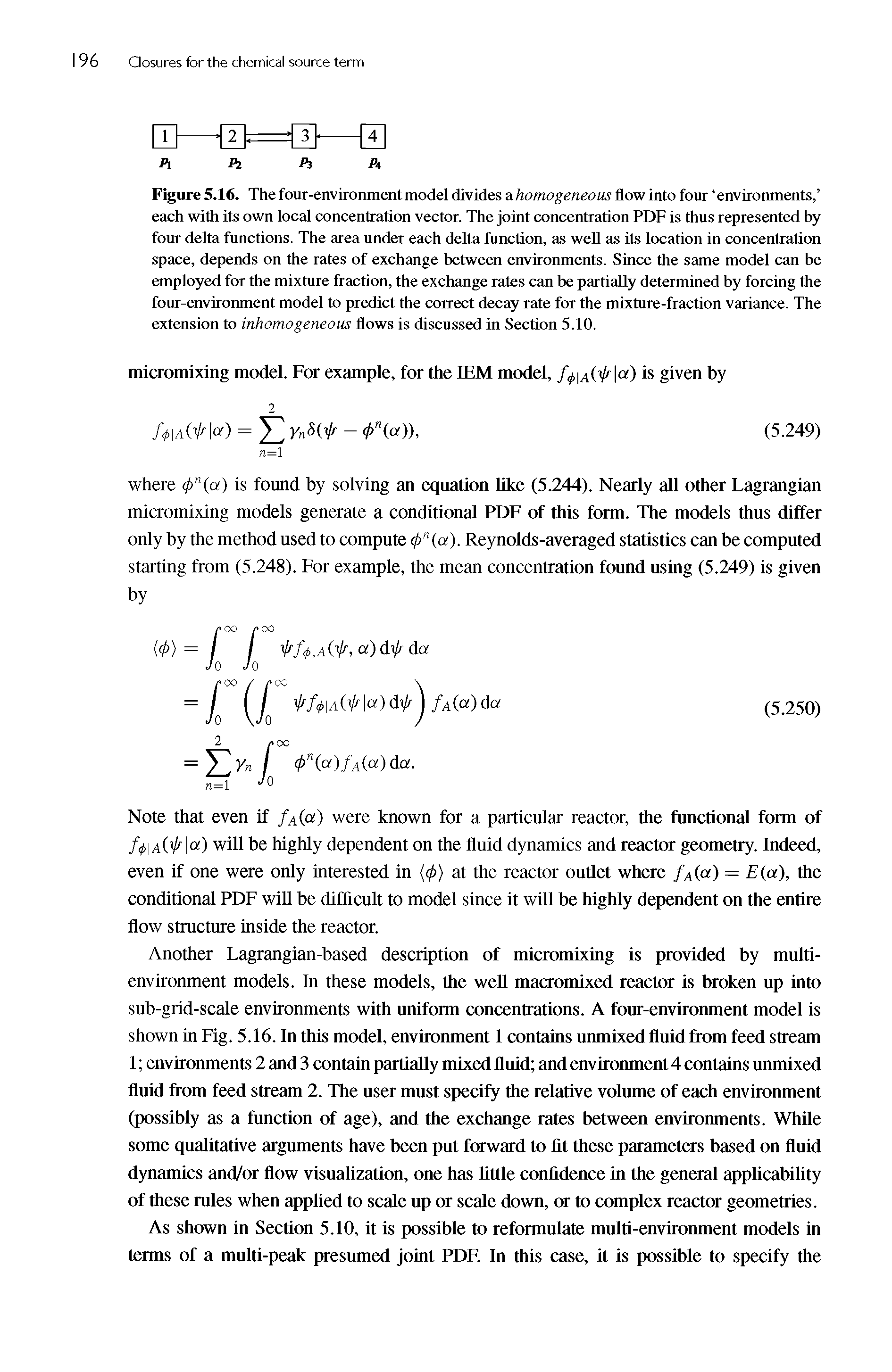 Figure 5.16. The four-environment model divides a homogeneous flow into four environments, each with its own local concentration vector. The joint concentration PDF is thus represented by four delta functions. The area under each delta function, as well as its location in concentration space, depends on the rates of exchange between environments. Since the same model can be employed for the mixture fraction, the exchange rates can be partially determined by forcing the four-environment model to predict the correct decay rate for the mixture-fraction variance. The extension to inhomogeneous flows is discussed in Section 5.10.