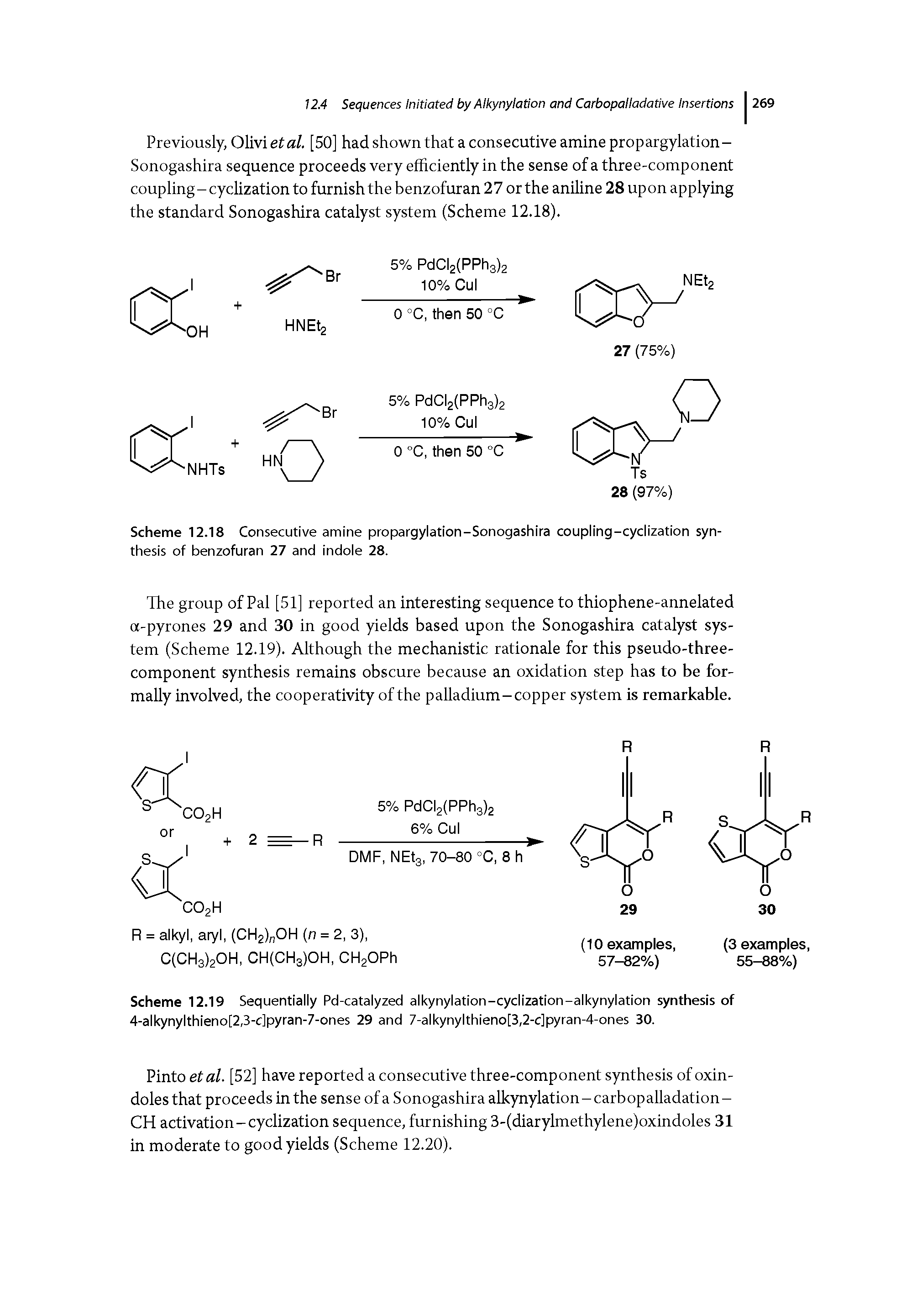 Scheme 12.18 Consecutive amine propargylation-Sonogashira coupling-cyclization synthesis of benzofuran 27 and indole 28.