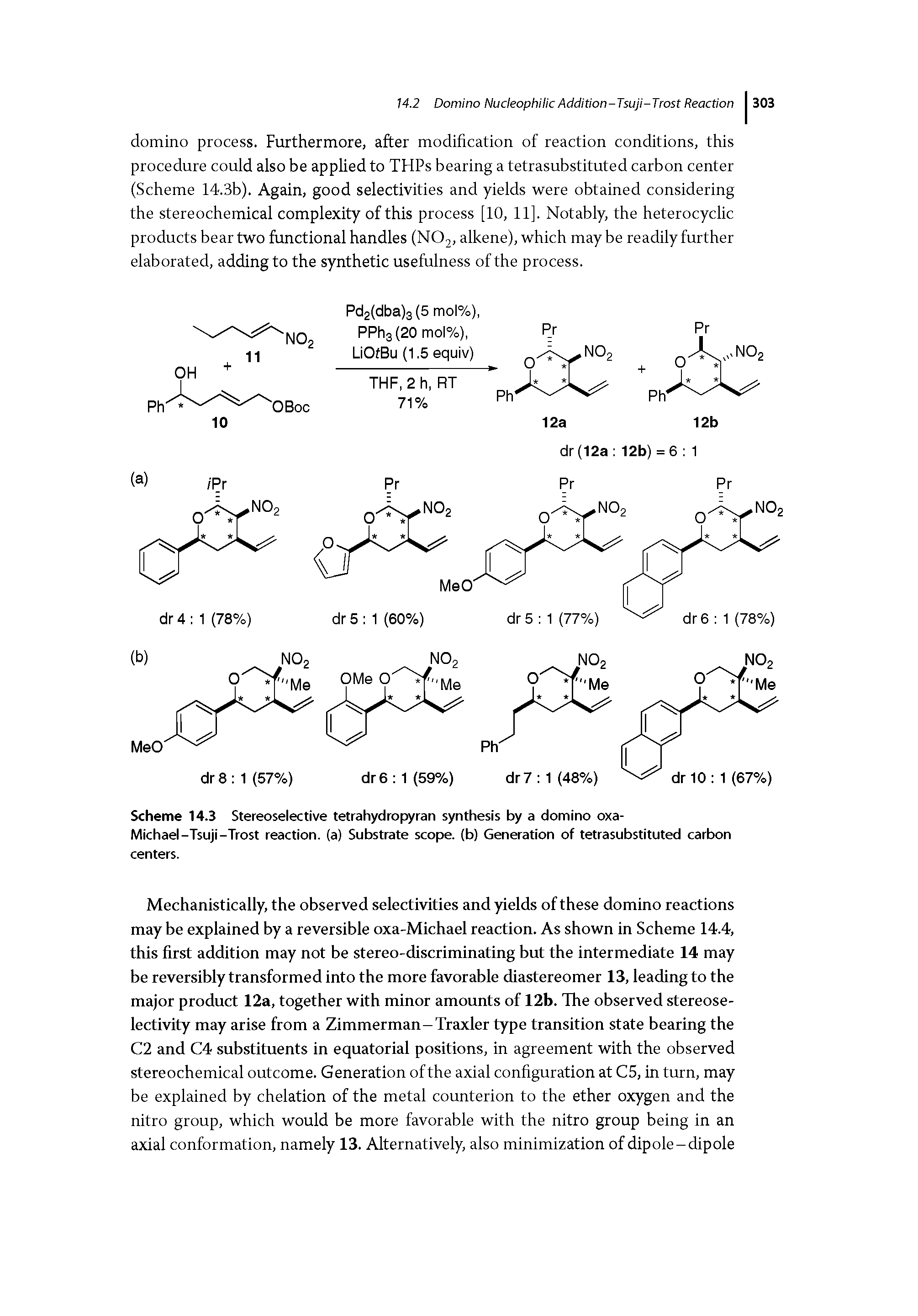 Scheme 14.3 Stereoselective tetrahydropyran synthesis by a domino oxa-Michael-Tsuji-Trost reaction, (a) Substrate scope, (b) Generation of tetrasubstituted carbon...