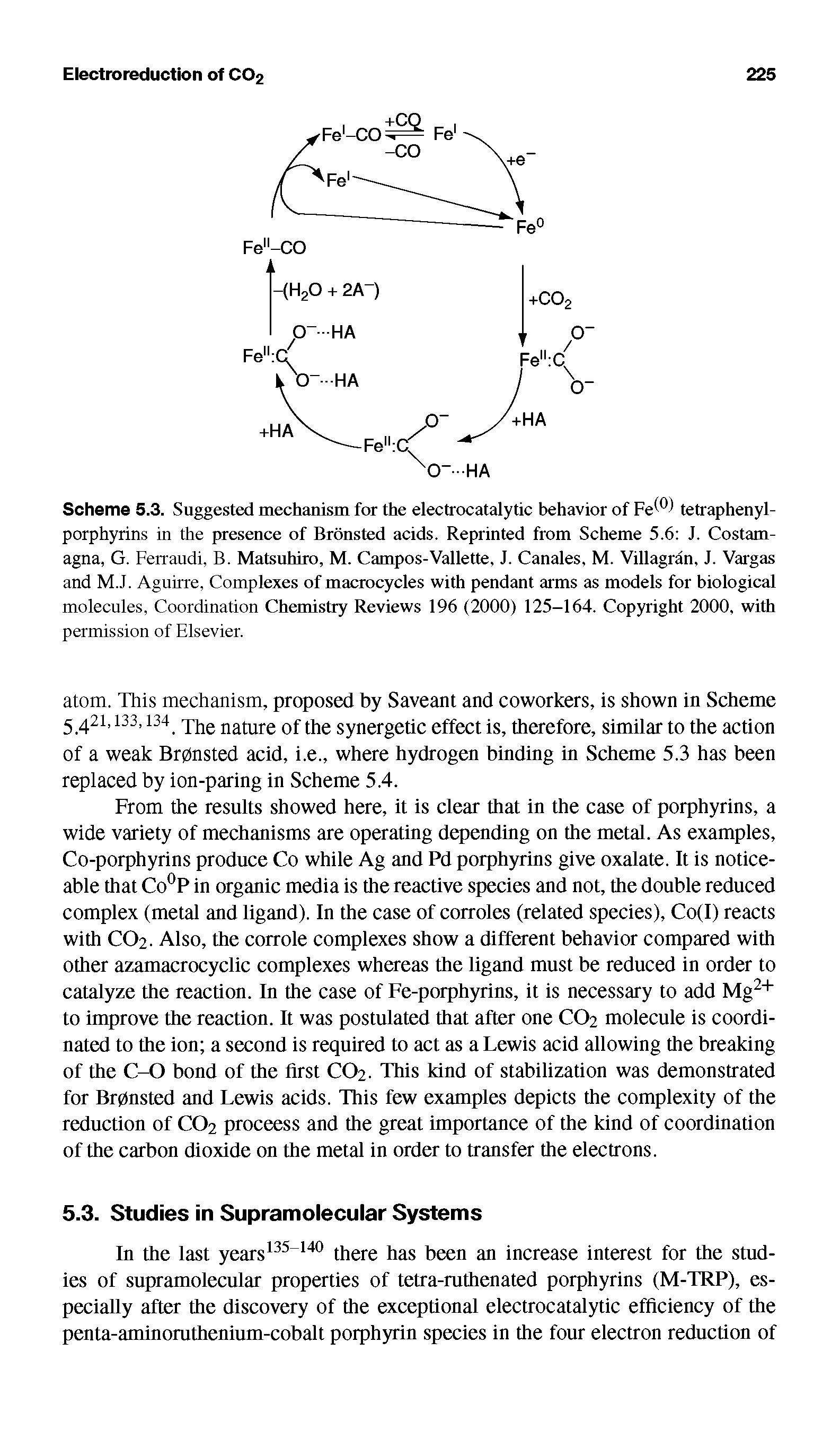Scheme 5.3. Suggested mechanism fca- the electrocatalytic behavior of Fe tetraphenyl-porphyrins in the presence of Bronsted acids. Reprinted from Scheme 5.6 J. Costam-agna, G. Ferraudi, B. Matsuhiro, M. Campos-Vallette, J. Canales, M. Villagran, J. Vargas and M.J. Aguirre, Complexes of macrocycles with pendant arms as models for biological molecules, Coordination Chemistry Reviews 196 (2000) 125-164. Copyright 2000, with permission of Elsevier.