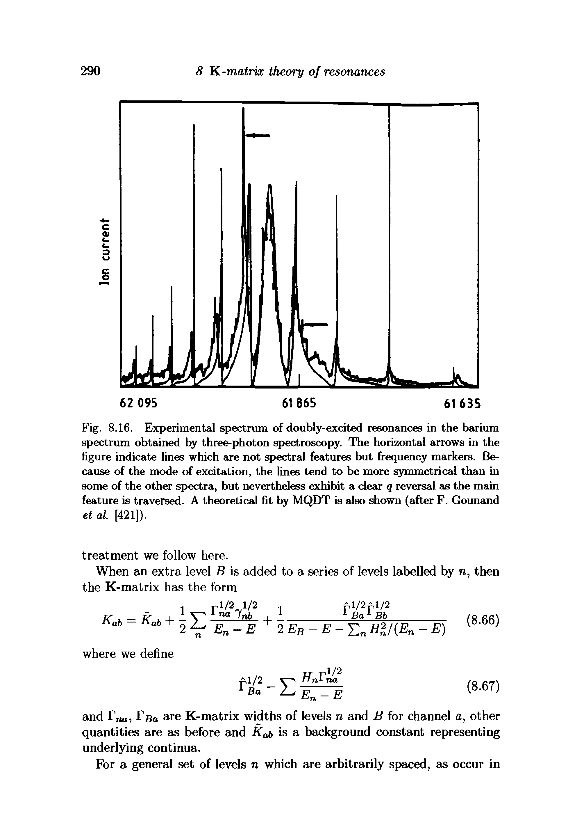Fig. 8.16. Experimental spectrum of doubly-excited resonances in the barium spectrum obtained by three-photon spectroscopy. The horizontal arrows in the figure indicate lines which are not spectral features but frequency markers. Because of the mode of excitation, the lines tend to be more symmetrical than in some of the other spectra, but nevertheless exhibit a clear q reversal as the main feature is traversed. A theoretical fit by MQDT is also shown (after F. Gounand et al. [421]).
