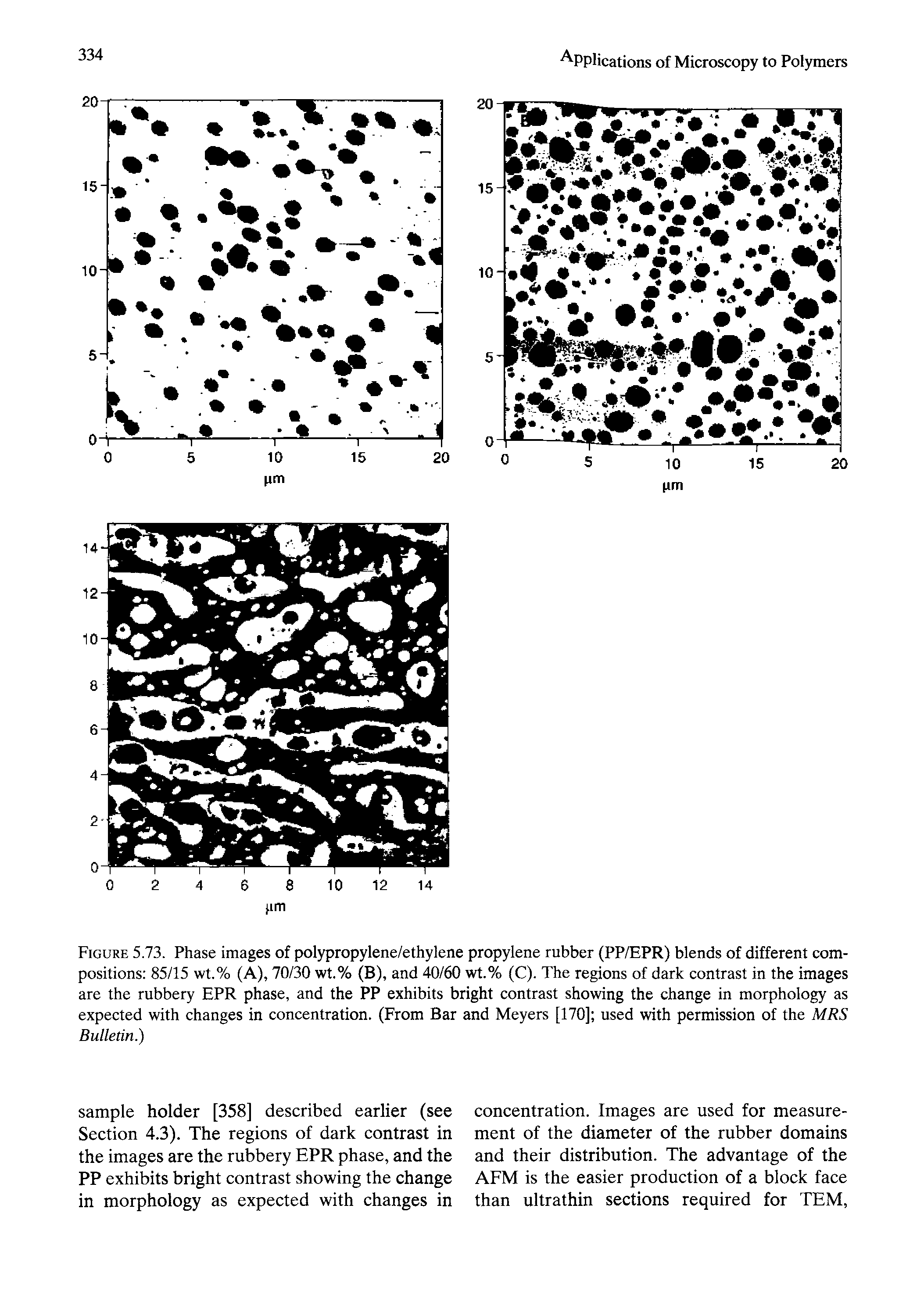 Figure 5.73. Phase images of polypropylene/ethylene propylene rubber (PP/EPR) blends of different compositions 85/15 wt.% (A), 70/30 wt.% (B), and 40/60 wt.% (C). The regions of dark contrast in the images are the rubbery EPR phase, and the PP exhibits bright contrast showing the change in morphology as expected with changes in concentration. (From Bar and Meyers [170] used with permission of the MRS Bulletin.)...
