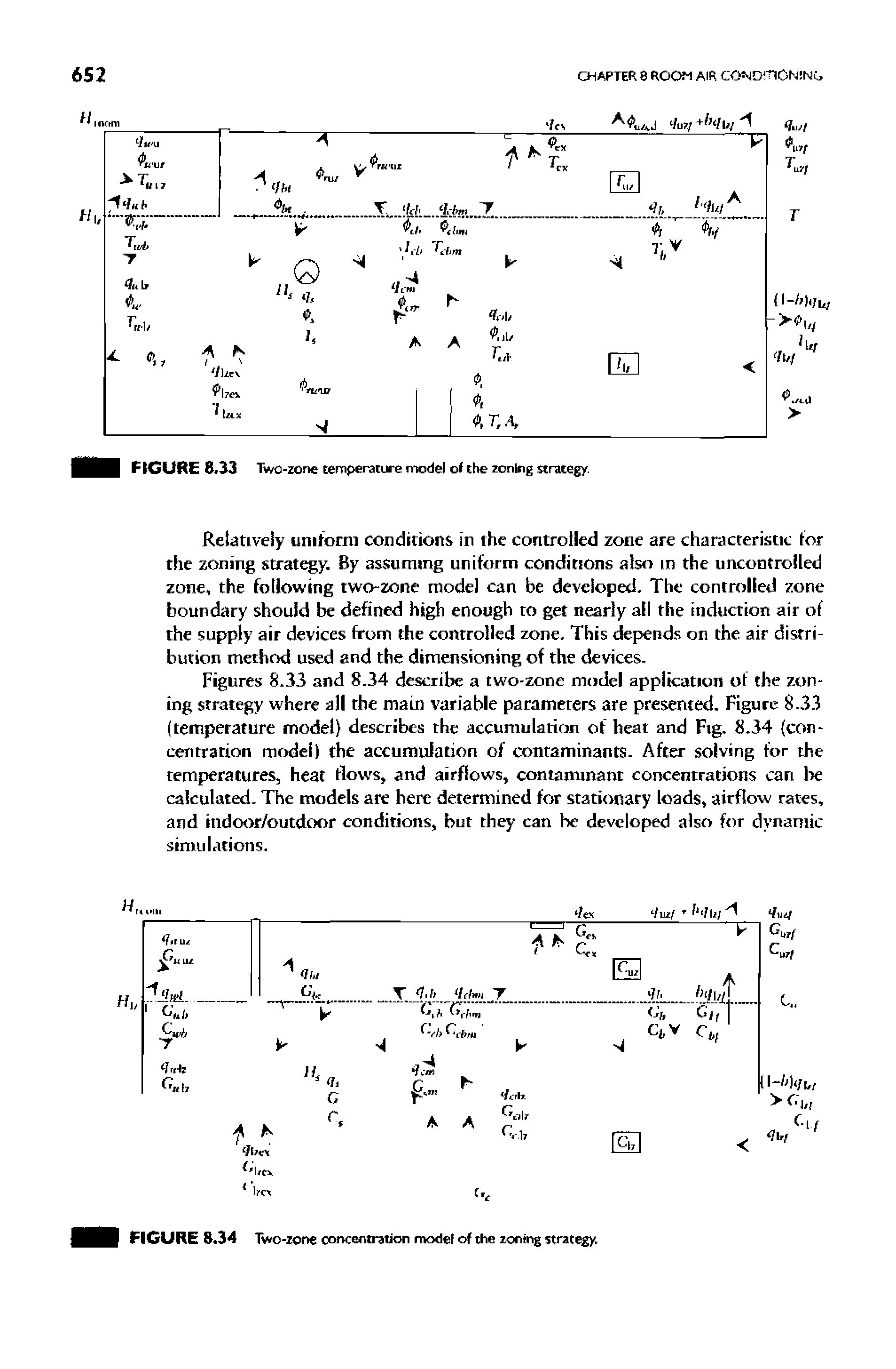 Figures 8.33 and 8.34 describe a two-zone model application of the zoning strategy where all the main variable parameters are presented. Figure 8.33 (temperature model describes the accumulation of heat and Fig. 8.34 (concentration model) the accumulation of contaminants. After solving for the temperatures, heat flow s, and airflows, contaminant concentrations can lie calculated. The models are here determined for stationary loads, airflow rates, and indoor/outdoor conditions, but they can be developed also for dynamic simulations.