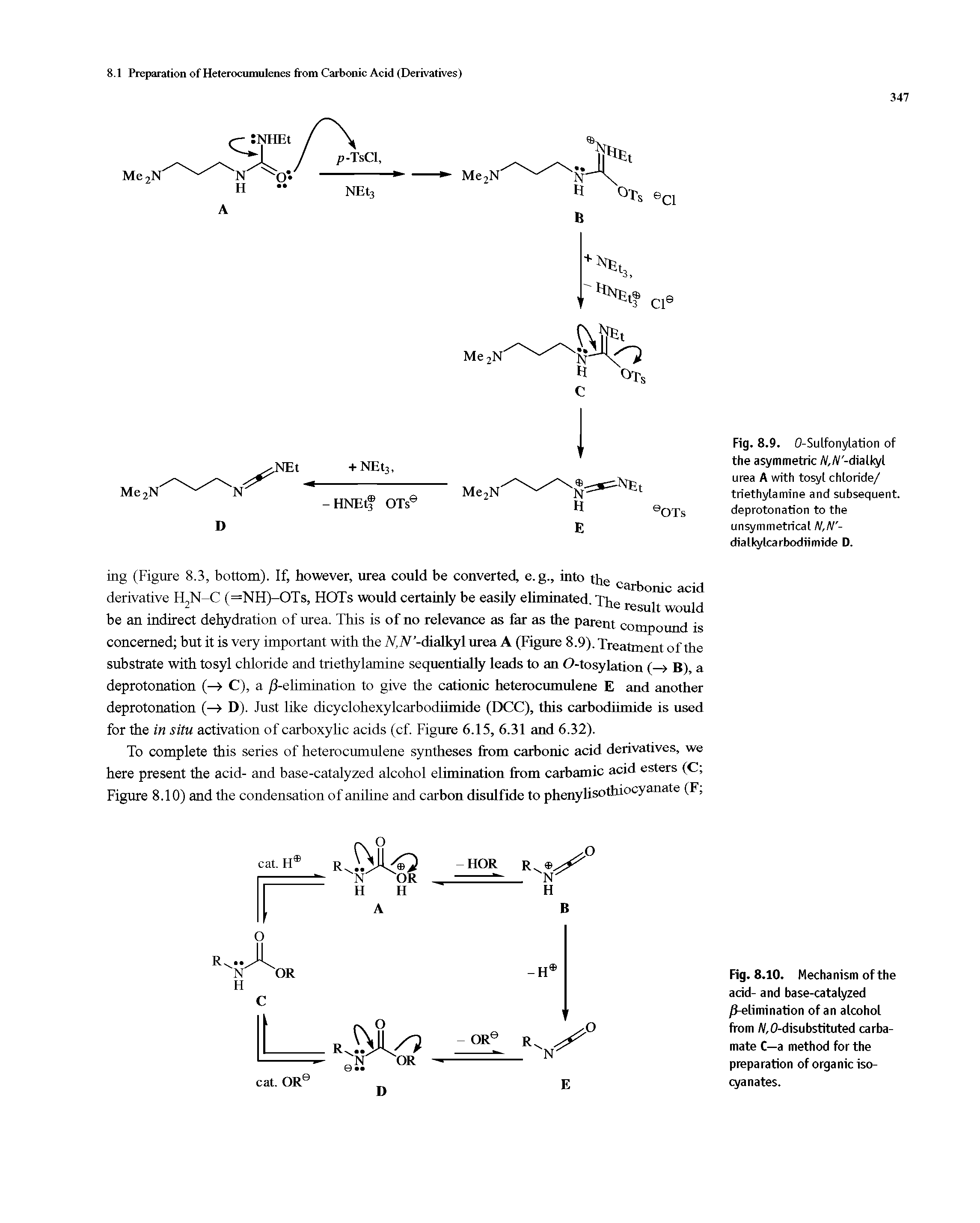 Fig. 8.9. O-Sulfonylation of the asymmetric /V,A/-dialkyl urea A with tosyl chloride/ triethylamine and subsequent, deprotonation to the unsymmetrical N,N dialkylcarbodiimide D.