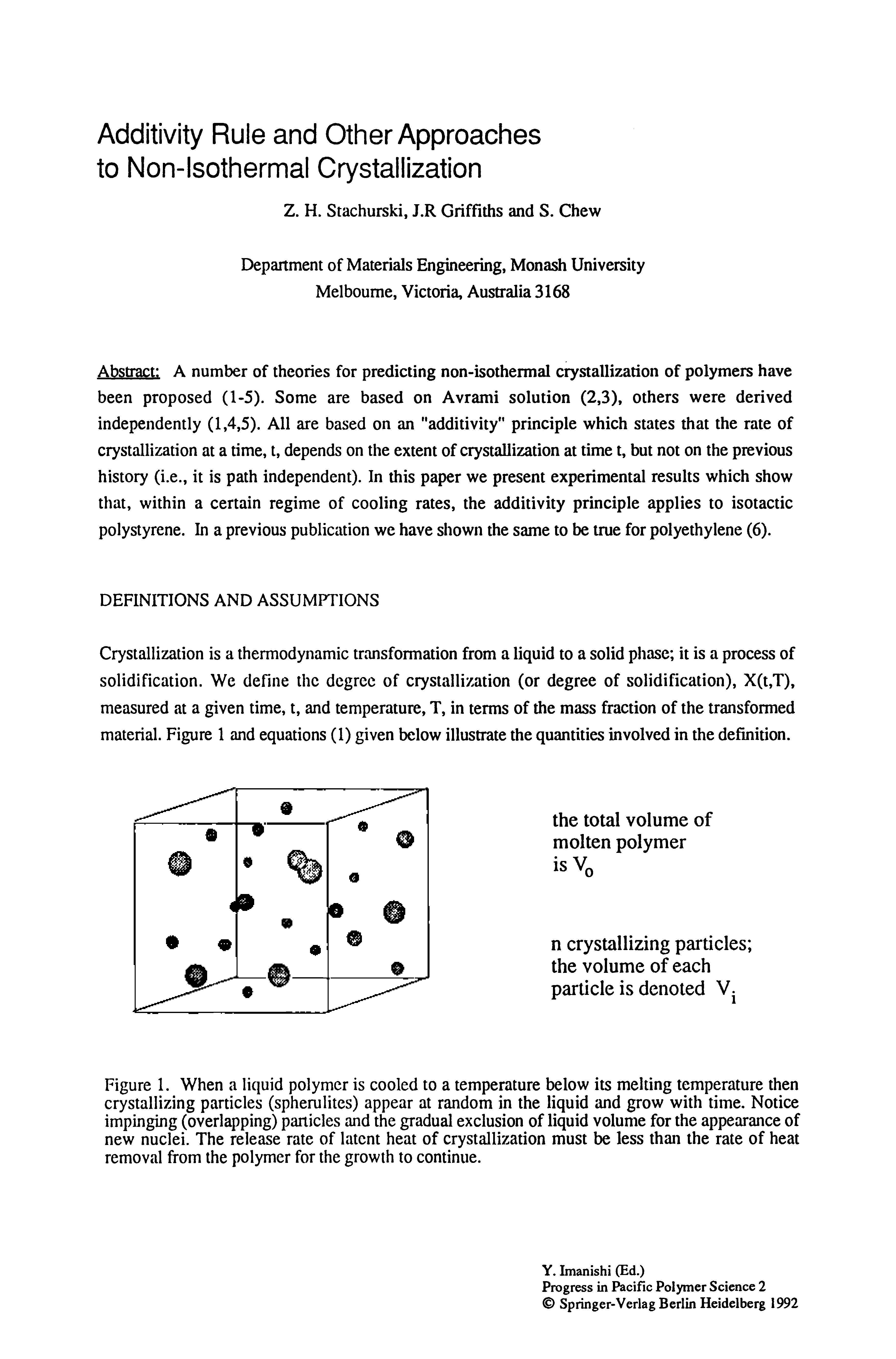 Figure 1. When a liquid polymer is cooled to a temperature below its melting temperature then crystallizing particles (spherulites) appear at random in the liquid and grow with time. Notice impinging (overlapping) particles and the gradual exclusion of liquid volume for the appearance of new nuclei. The release rate of latent heat of crystallization must be less than the rate of heat removal from the polymer for the growth to continue.