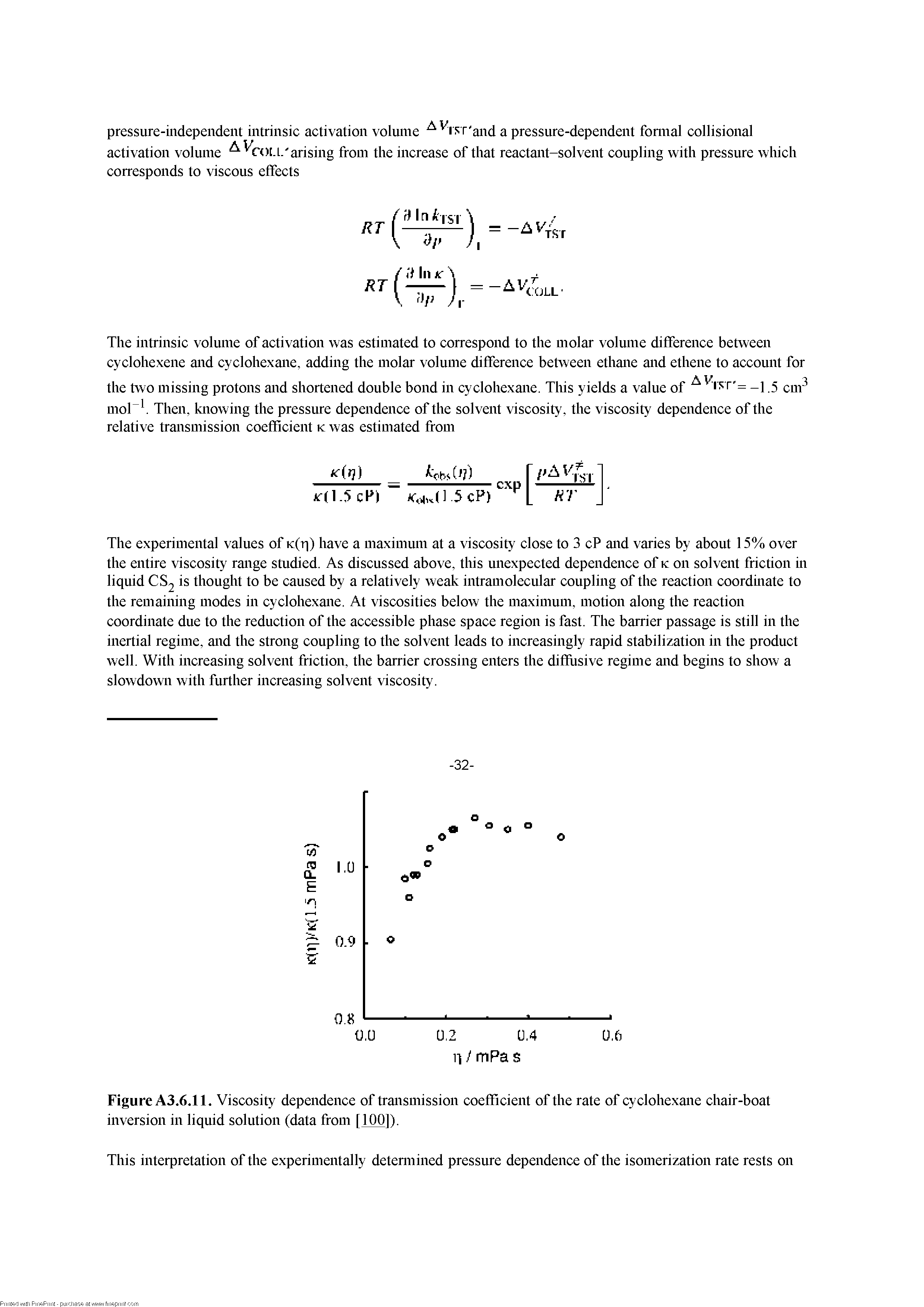 Figure A3.6.11. Viscosity dependence of transmission coefficient of the rate of cyclohexane chair-boat inversion in liquid solution (data from [100]).