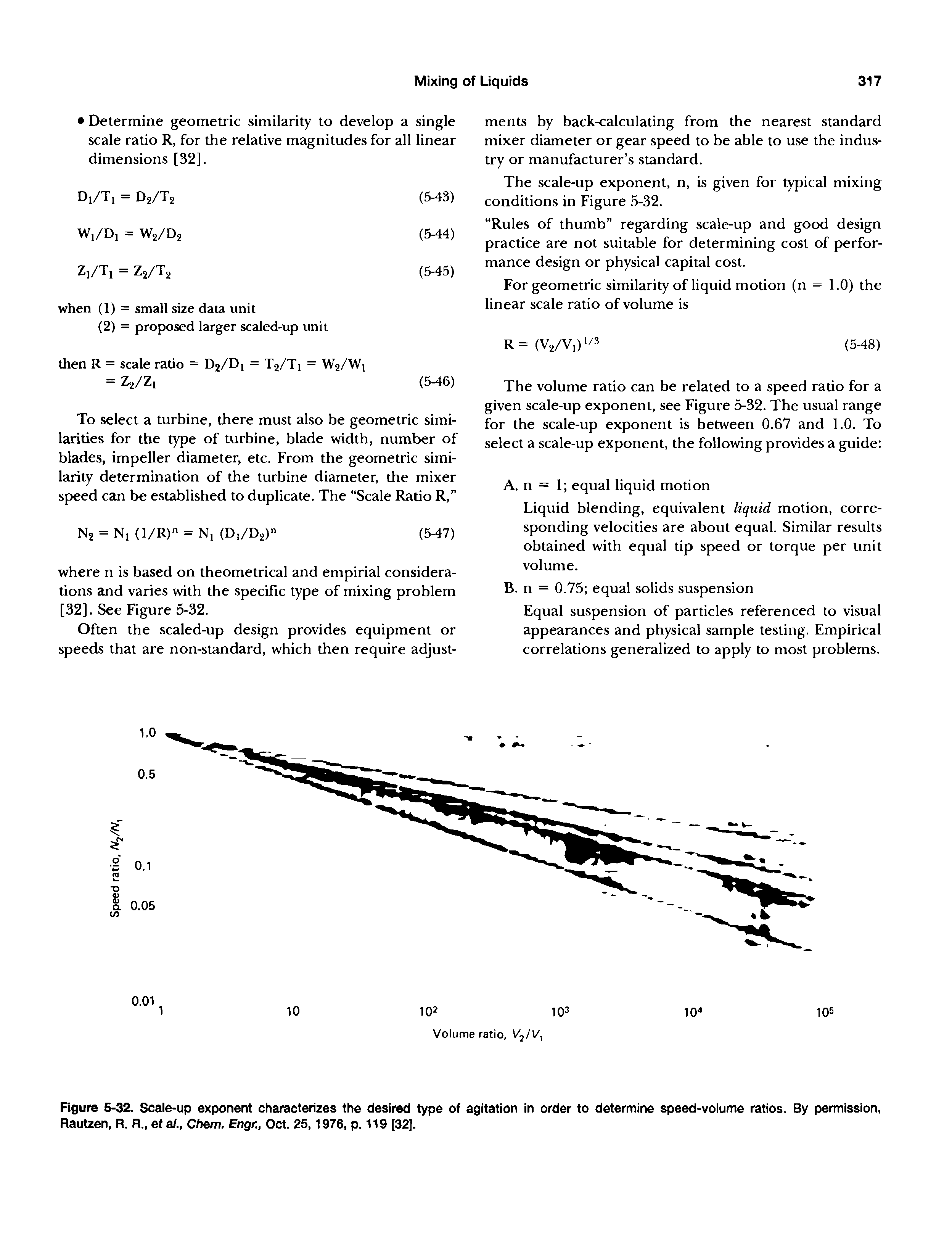 Figure 5-32. Scale-up exponent characterizes the desired type of agitation in order to determine speed-volume ratios. By permission, Rautzen, R. R., et a/., Chem. Engr., Oct. 25,1976, p. 119 [32].