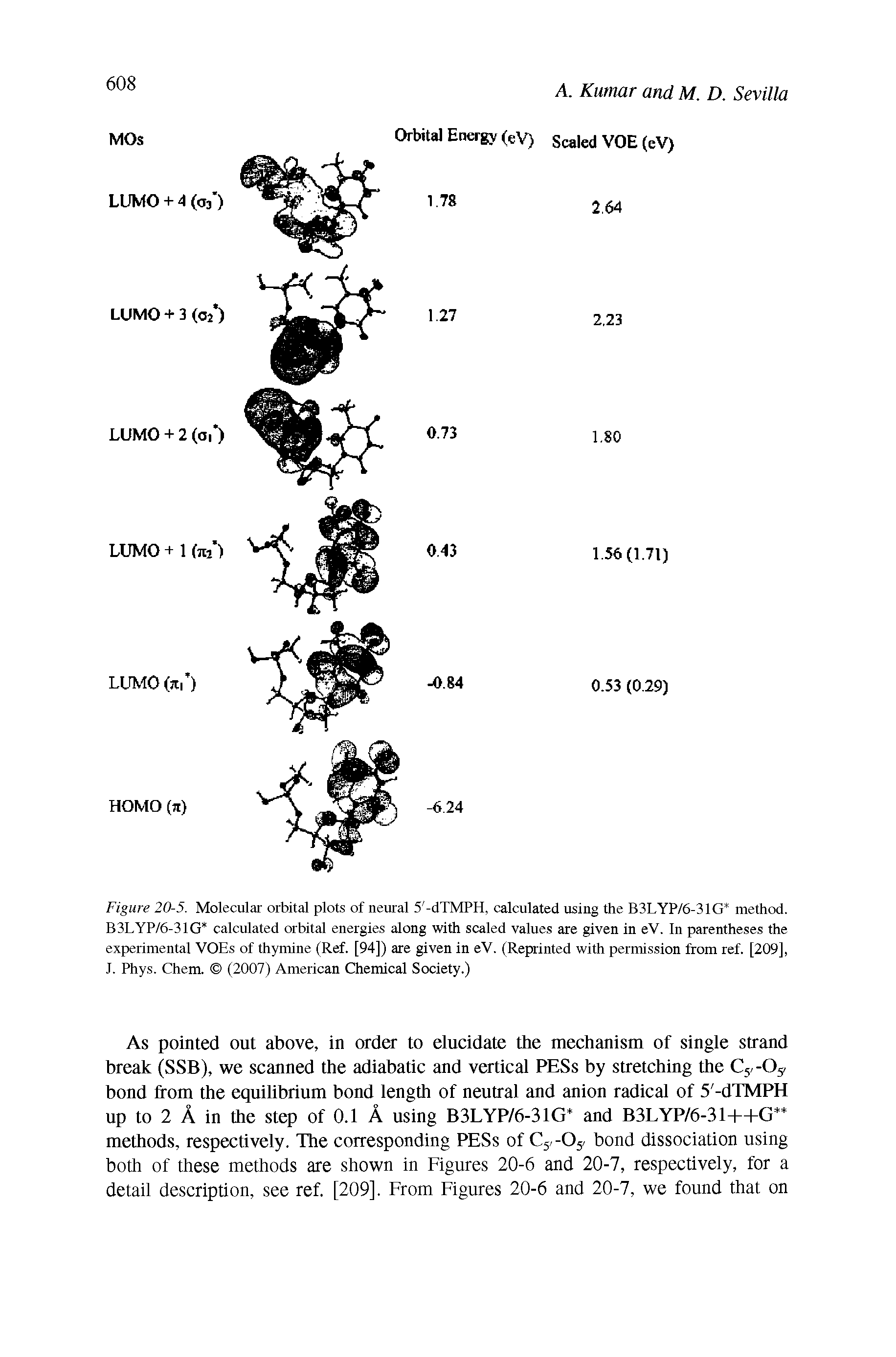 Figure 20-5. Molecular orbital plots of neural 5 -dTMPH, calculated using the B3LYP/6-31G method. B3LYP/6-31G calculated orbital energies along with scaled values are given in eV. In parentheses the experimental VOEs of thymine (Ref. [94]) are given in eV. (Reprinted with permission from ref. [209], J. Phys. Chem. (2007) American Chemical Society.)...