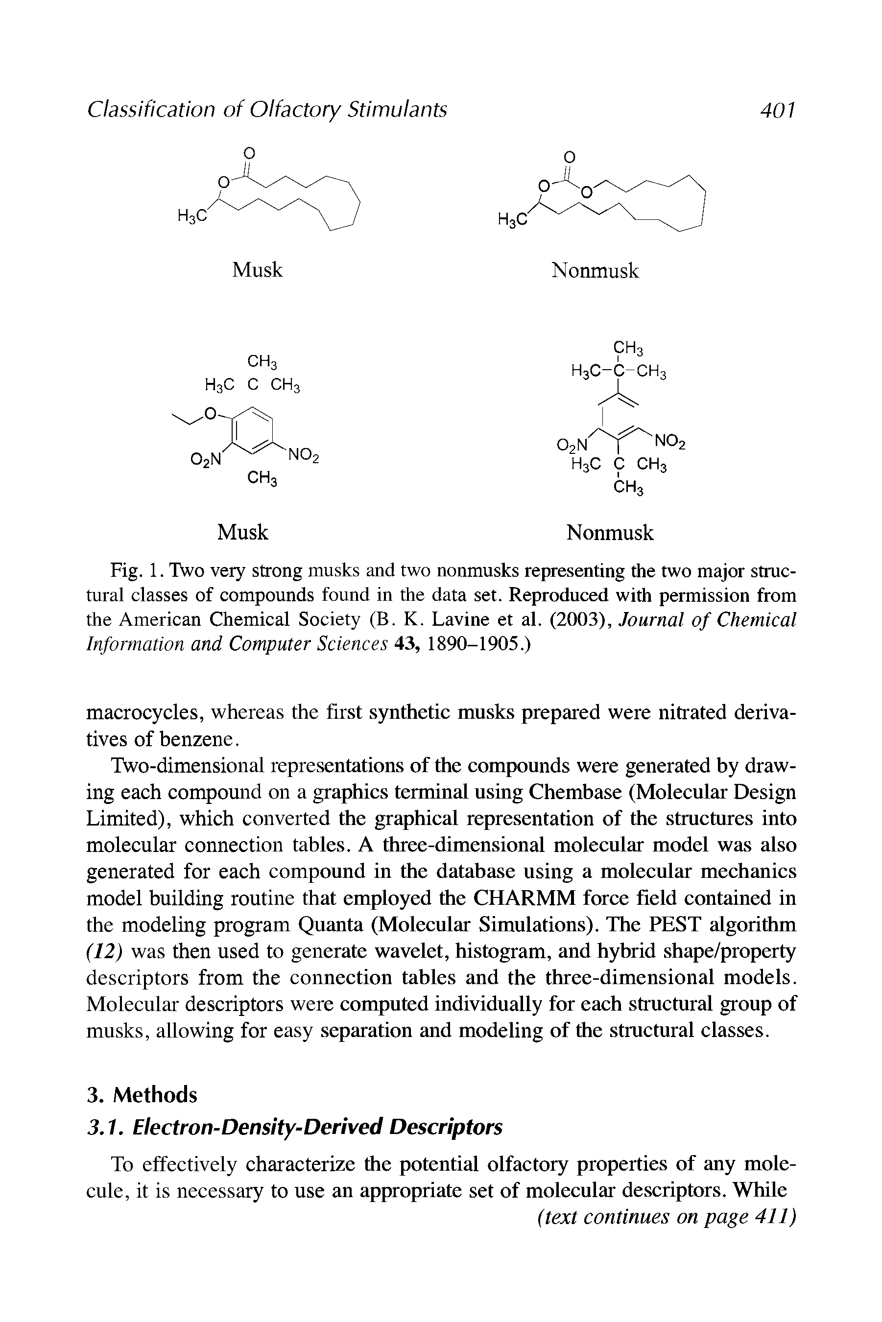 Fig. 1. Two very strong musks and two nonmusks representing the two major structural classes of compounds found in the data set. Reproduced with permission from the American Chemical Society (B. K. Lavine et al. (2003), Journal of Chemical Information and Computer Sciences 43, 1890-1905.)...