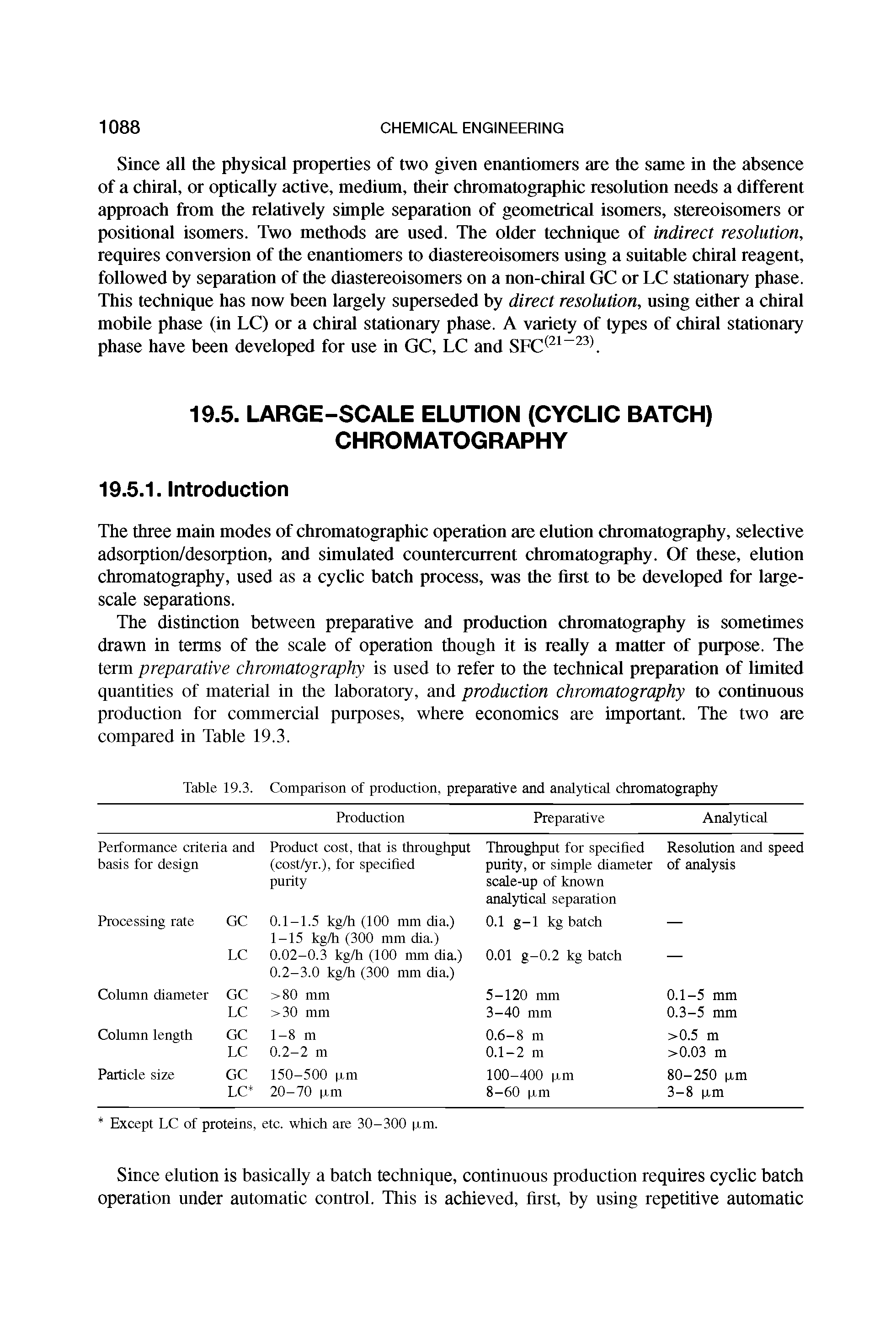 Table 19.3. Comparison of production, preparative and analytical chromatography...