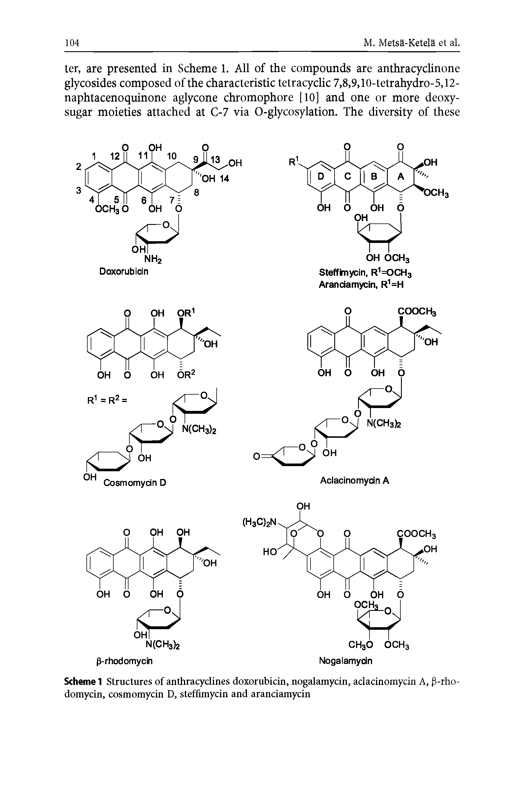 Scheme 1 Structures of anthracyclines doxorubicin, nogalamycin, aclacinomycin A, P-rho-domycin, cosmomycin D, steffimycin and aranciamycin...