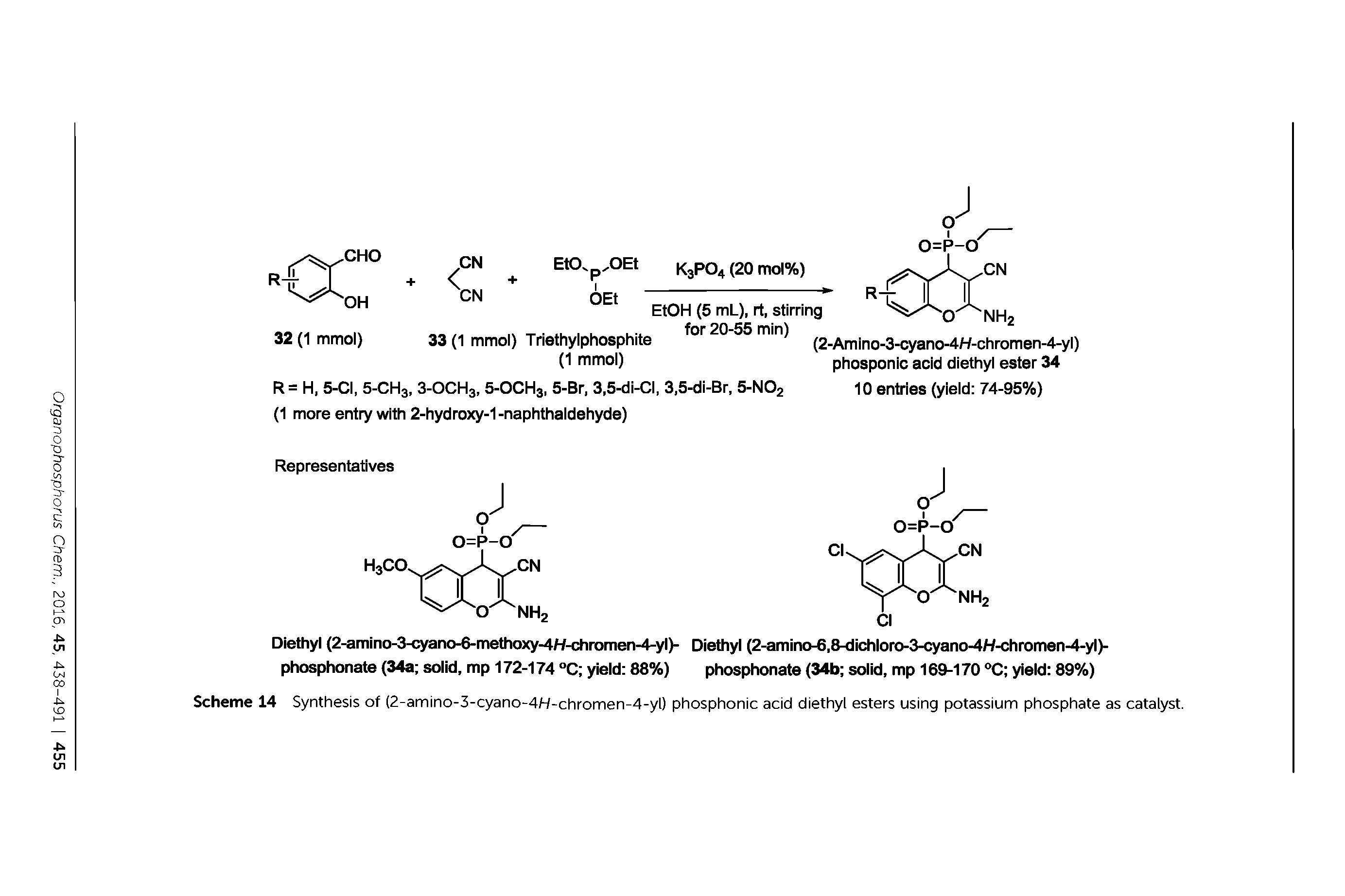 Scheme 14 Synthesis of (2-amino-3-cyano-4/-/-chromen-4-yl) phosphonic acid diethyl esters using potassium phosphate as catalyst.