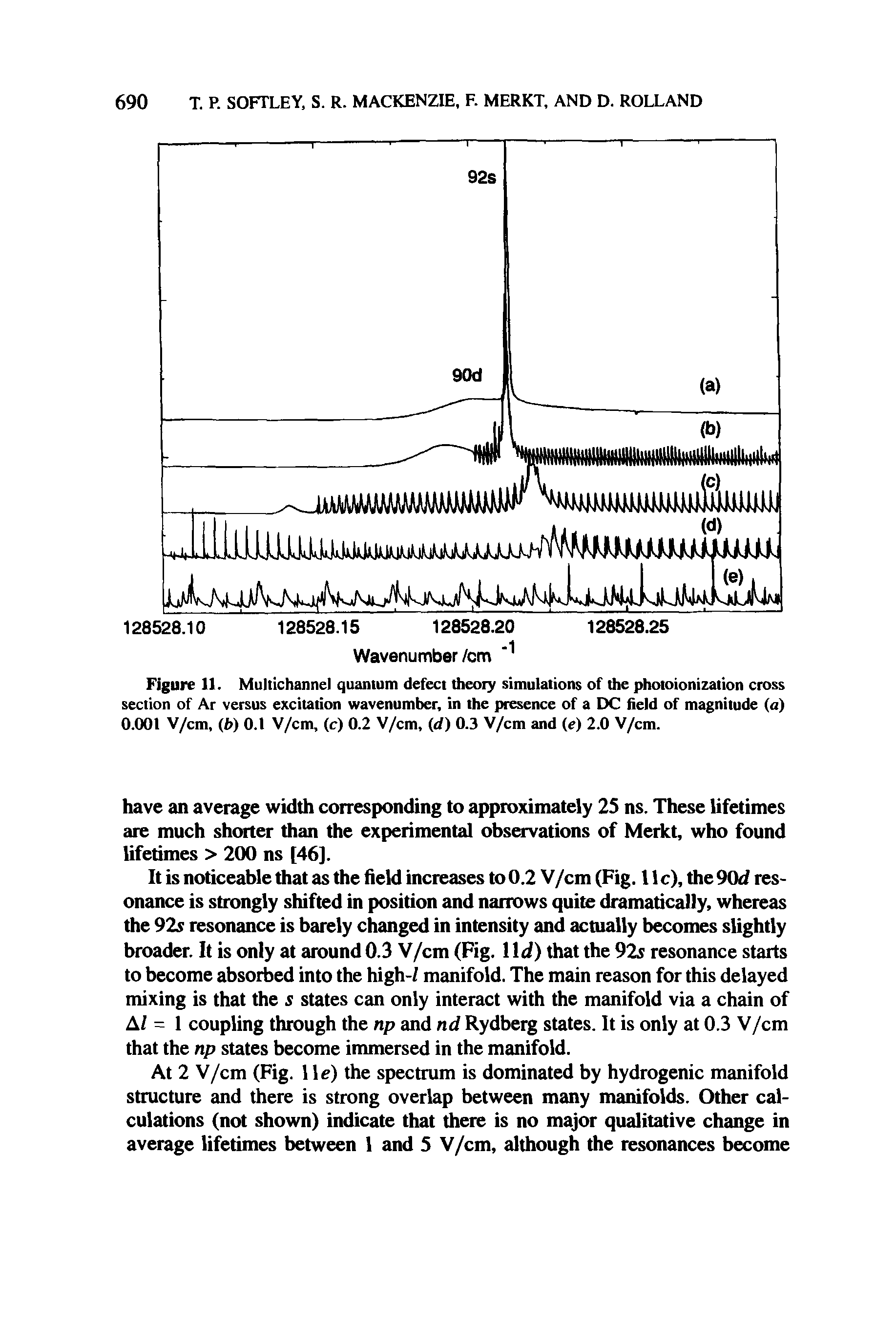 Figure 11. Multichannel quantum defect theory simulations of the photoionization cross section of Ar versus excitation wavenumber, in the presence of a DC field of magnitude (a) 0.001 V/cm, (b) 0.1 V/cm, (c) 0.2 V/cm, (d) 0.3 V/cm and (e) 2.0 V/cm.