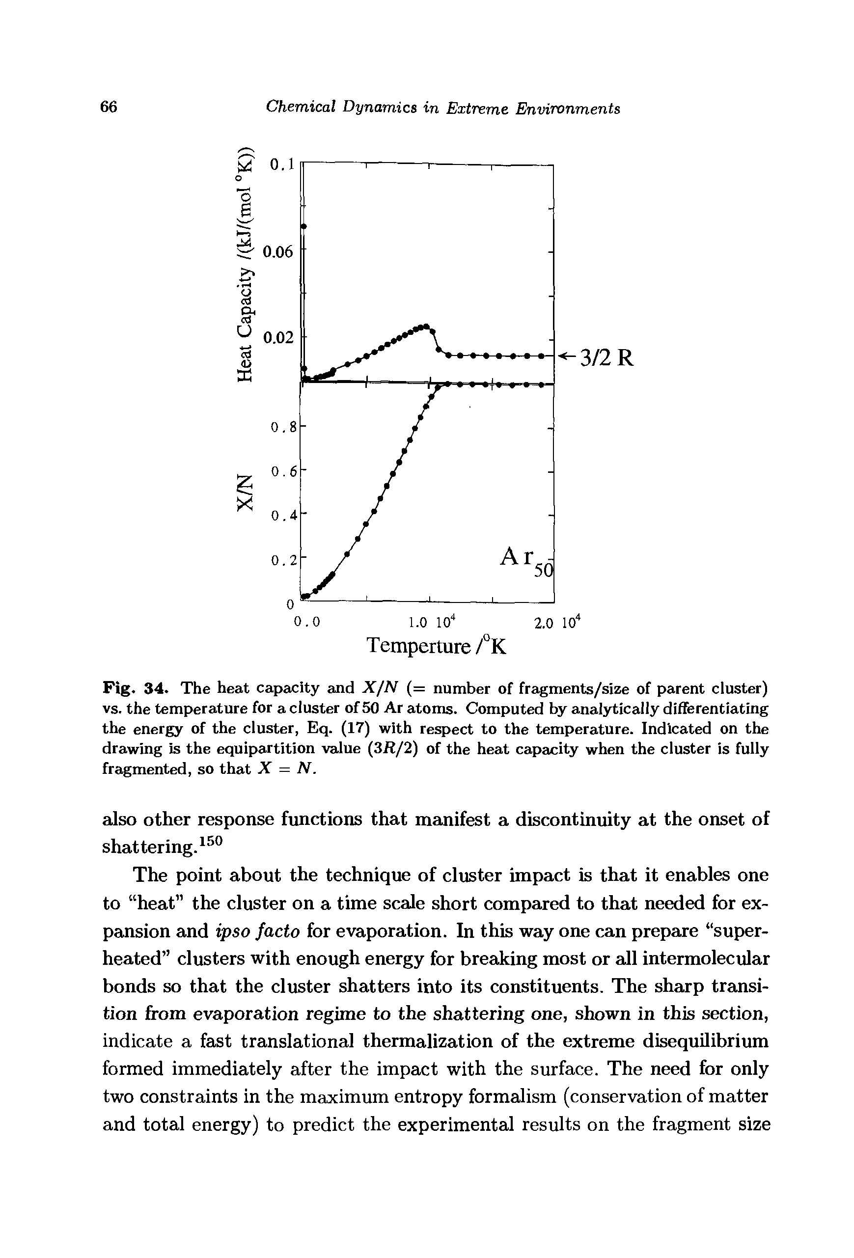 Fig. 34. The heat capacity and X/N (= number of fragments/size of parent cluster) vs. the temperature for a cluster of 50 Ar atoms. Computed by analytically differentiating the energy of the cluster, Eq. (17) with respect to the temperature. Indicated on the drawing is the equipartition value (3R/2) of the heat capacity when the cluster is fully fragmented, so that X = N.