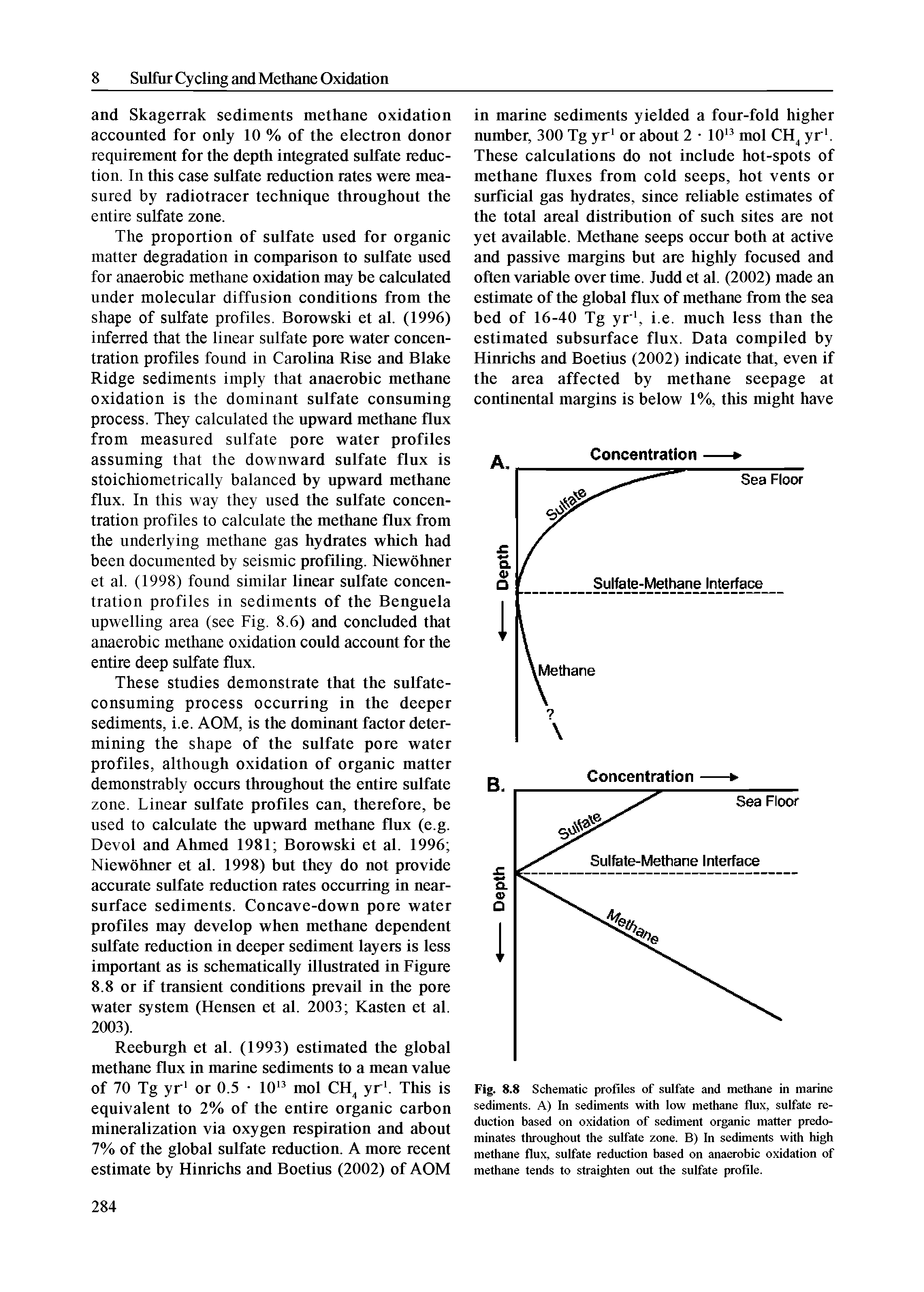 Fig. 8.8 Schematic profiles of sulfate and methane in marine sediments. A) In sediments with low methane flux, sulfate reduction based on oxidation of sediment organic matter predominates throughout the sulfate zone. B) In sediments with high methane flux, sulfate reduction based on anaerobic oxidation of methane tends to straighten out the sulfate profile.