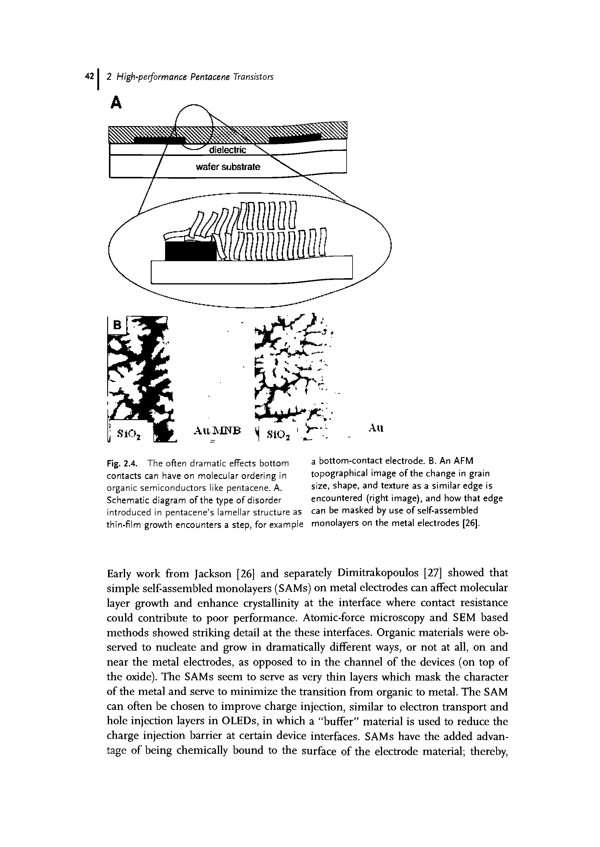 Fig. 2.4. The often dramatic effects bottom contacts can have on molecular ordering in organic semiconductors like pentacene. A. Schematic diagram of the type of disorder introduced in pentacene s lamellar structure as thin-film growth encounters a step, for example...