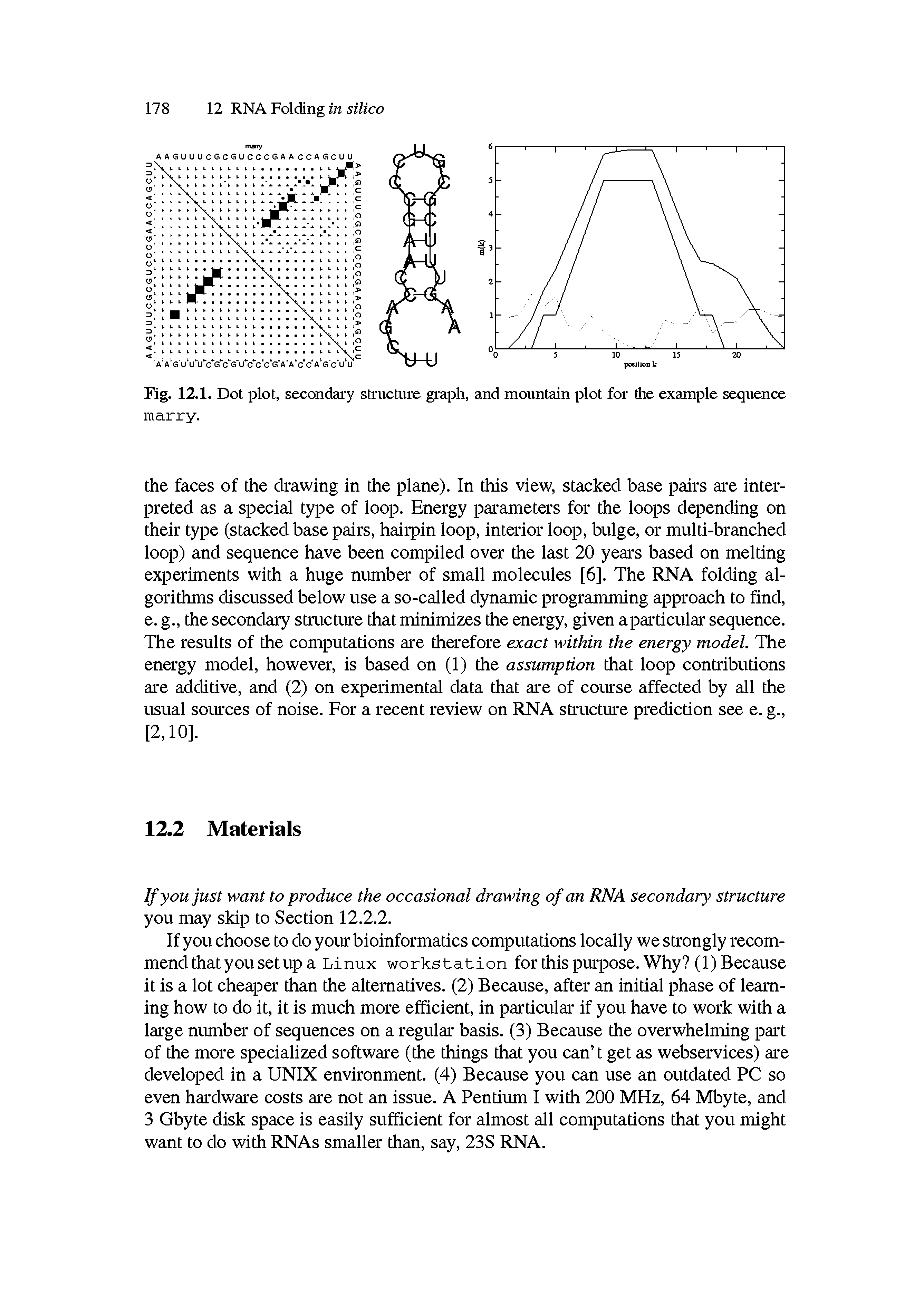 Fig. 12.1. Dot plot, secondary structure graph, and mountain plot for die example sequence...