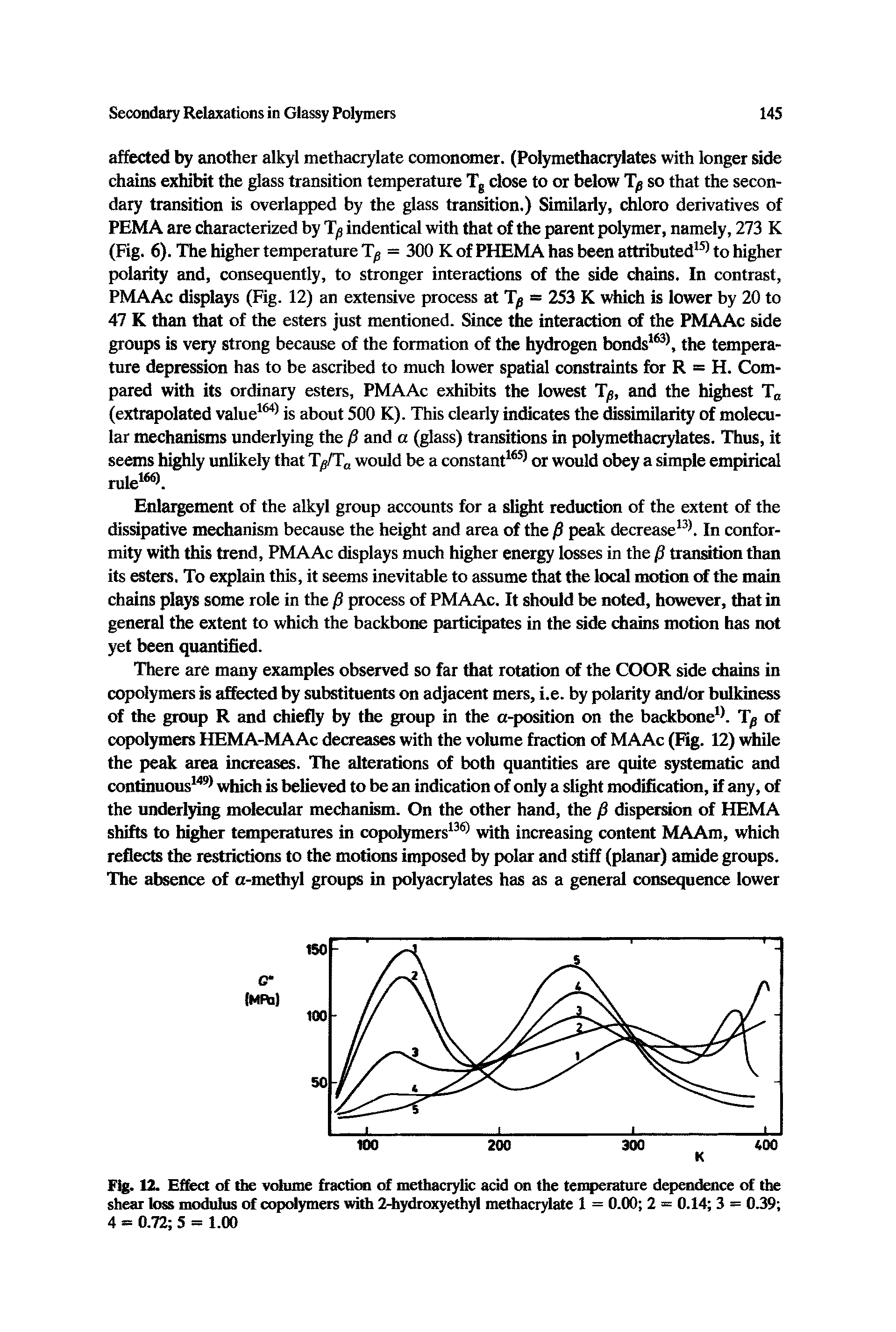 Fig. 12. Effect of the volume fraction of methacrylic acid on the temperature dependence of the shear loss modulus of copolymers with 2-hydroxyethyl methacrylate 1 = 0.00 2 = 0.14 3 = 0.39 4 = 0.72 5 = 1.00...