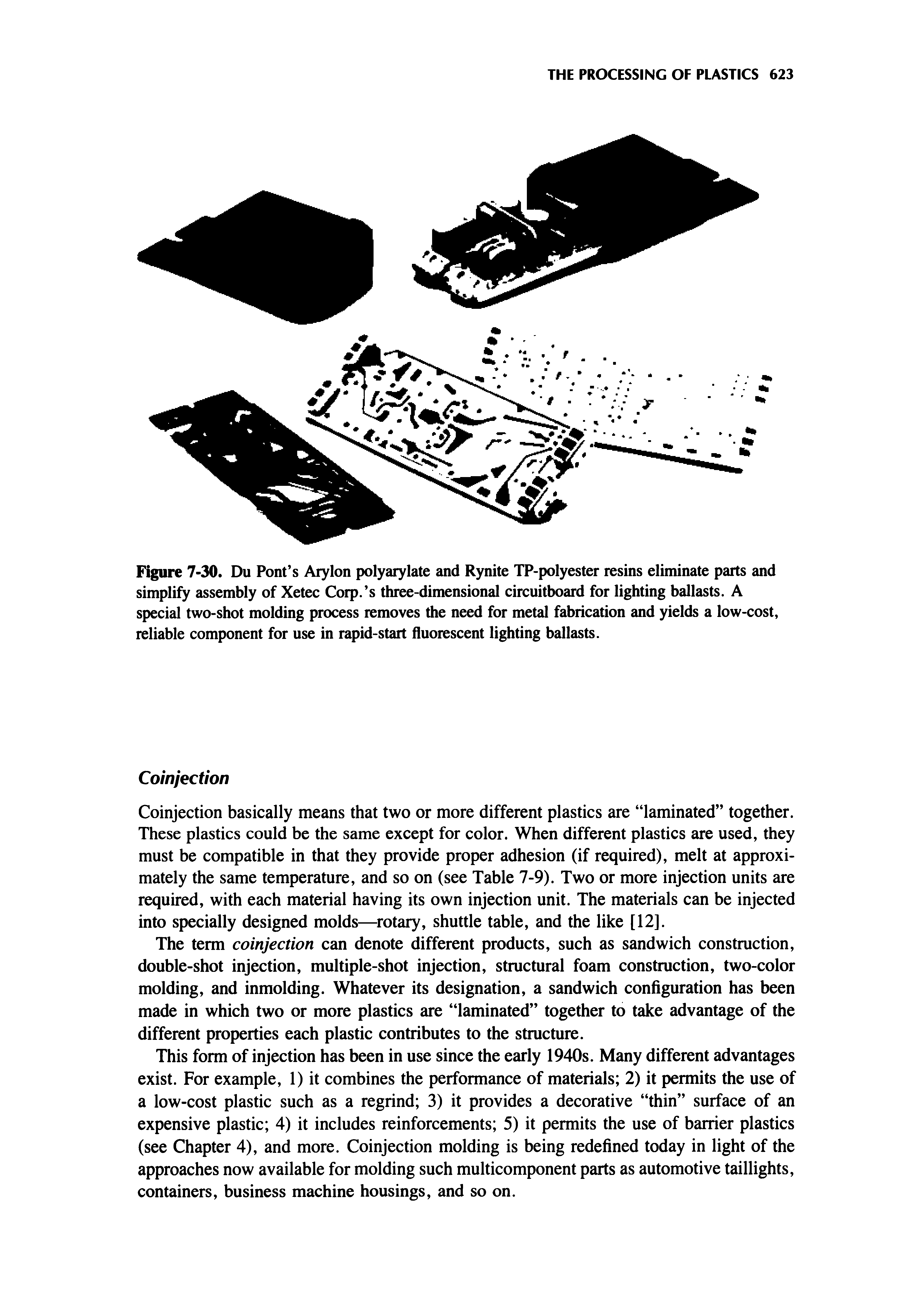 Figure 7-30. Du Font s Ary Ion polyary late and Rynite TP-polyester resins eliminate parts and simplify assembly of Xetec Corp. s three-dimensional circuitboard for lighting ballasts. A special two-shot molding process removes the need for metal fabrication and yields a low-cost, reliable component for use in rapid-start fluorescent lighting ballasts.