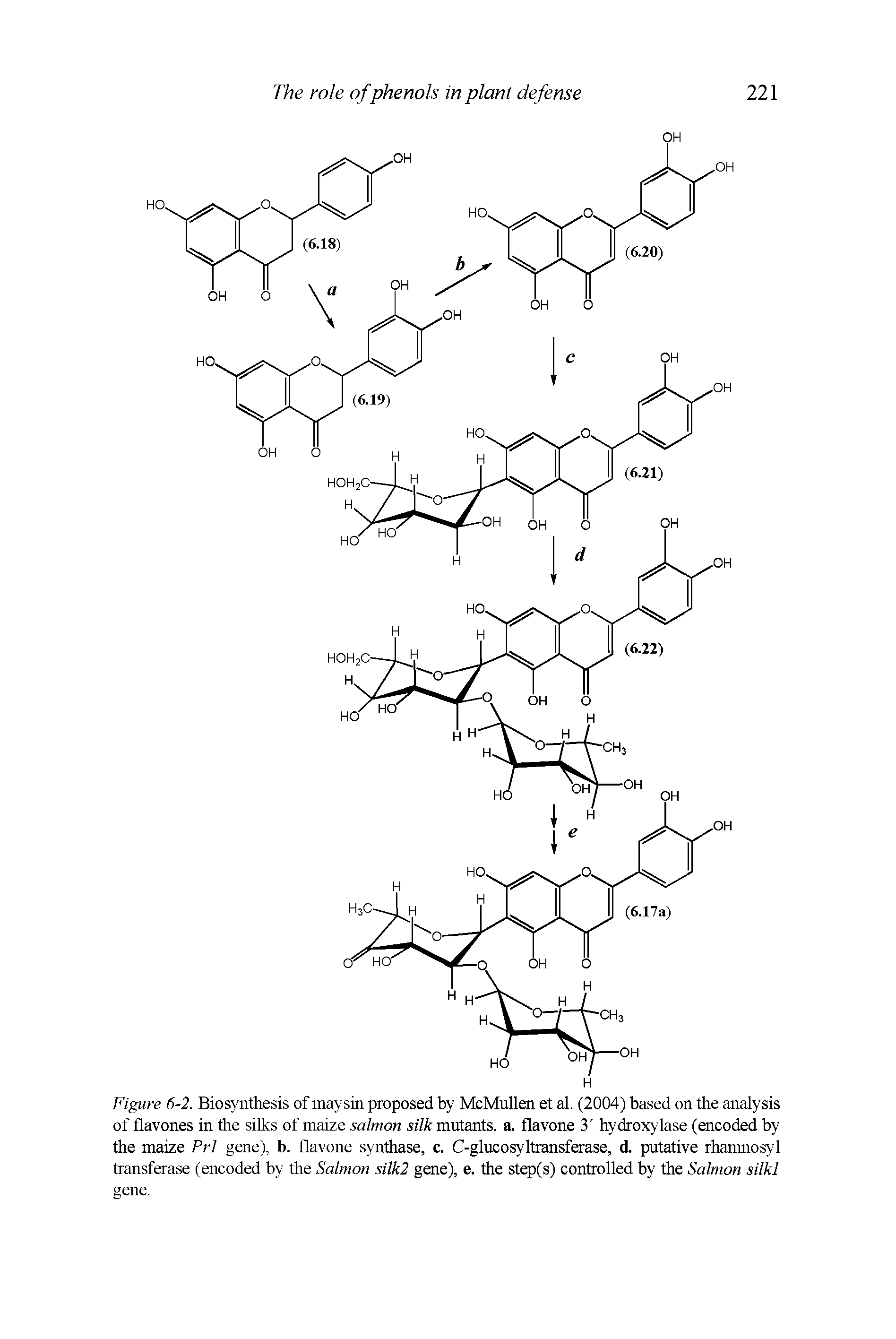 Figure 6-2. Biosynthesis of maysin proposed by McMullen et al. (2004) based on the analysis of flavones in the silks of maize salmon silk mutants, a. flavone 3 hydroxylase (encoded by the maize Prl gene), b. flavone synthase, c. C-glucosyltransferase, d. putative rhamnosyl transferase (encoded by the Salmon silk2 gene), e. the step(s) controlled by the Salmon silkl gene.