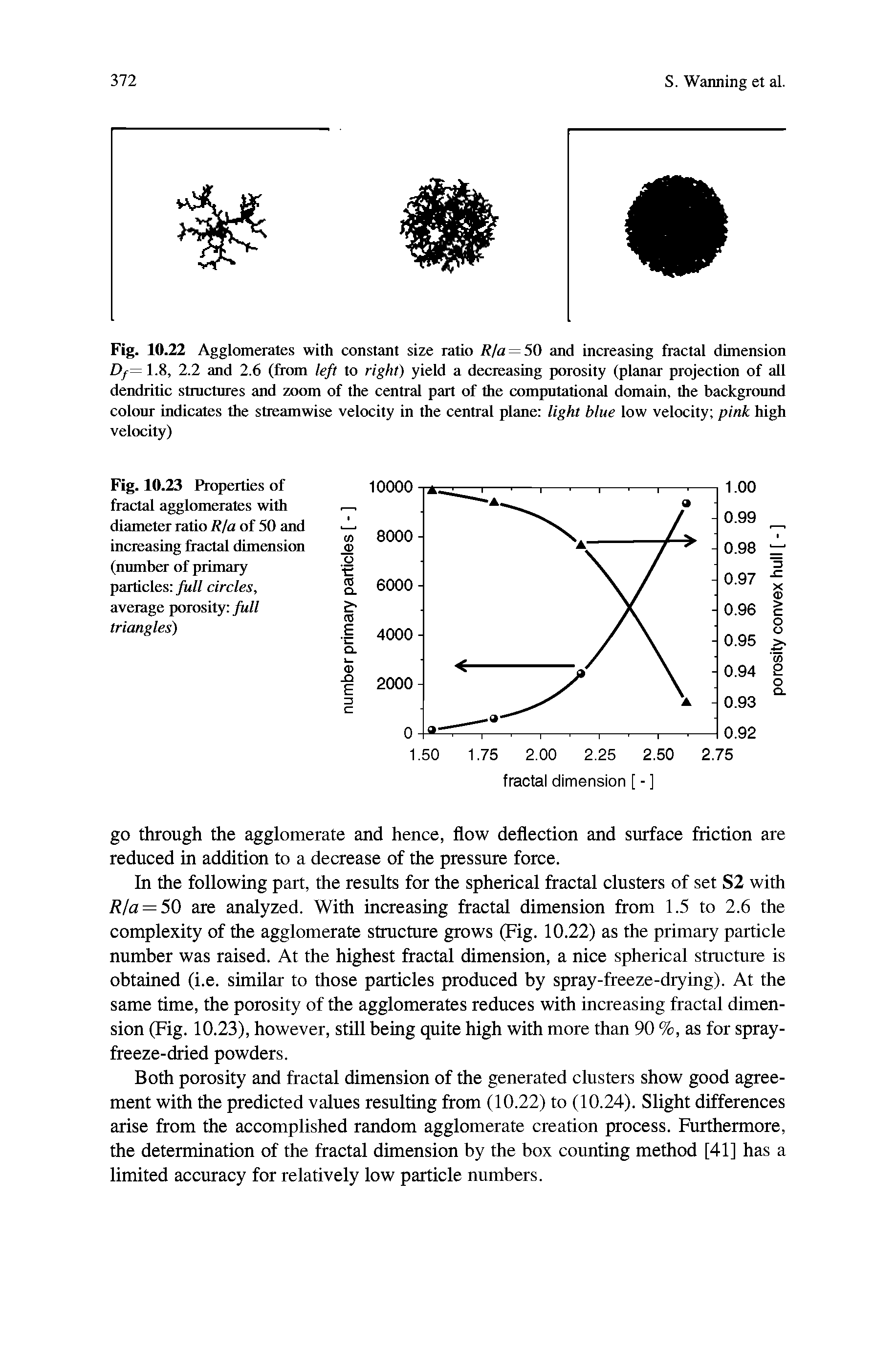 Fig. 10.22 Agglomerates with constant size ratio R/a = 50 and increasing fractal dimension Df= 1.8, 2.2 and 2.6 (from left to right) yield a decreasing porosity (planar projection of all dendritic structures and zoom of the central part of the computational domain, the background colour indicates the stieamwise velocity in the central plane light blue low velocity pink high velocity)...