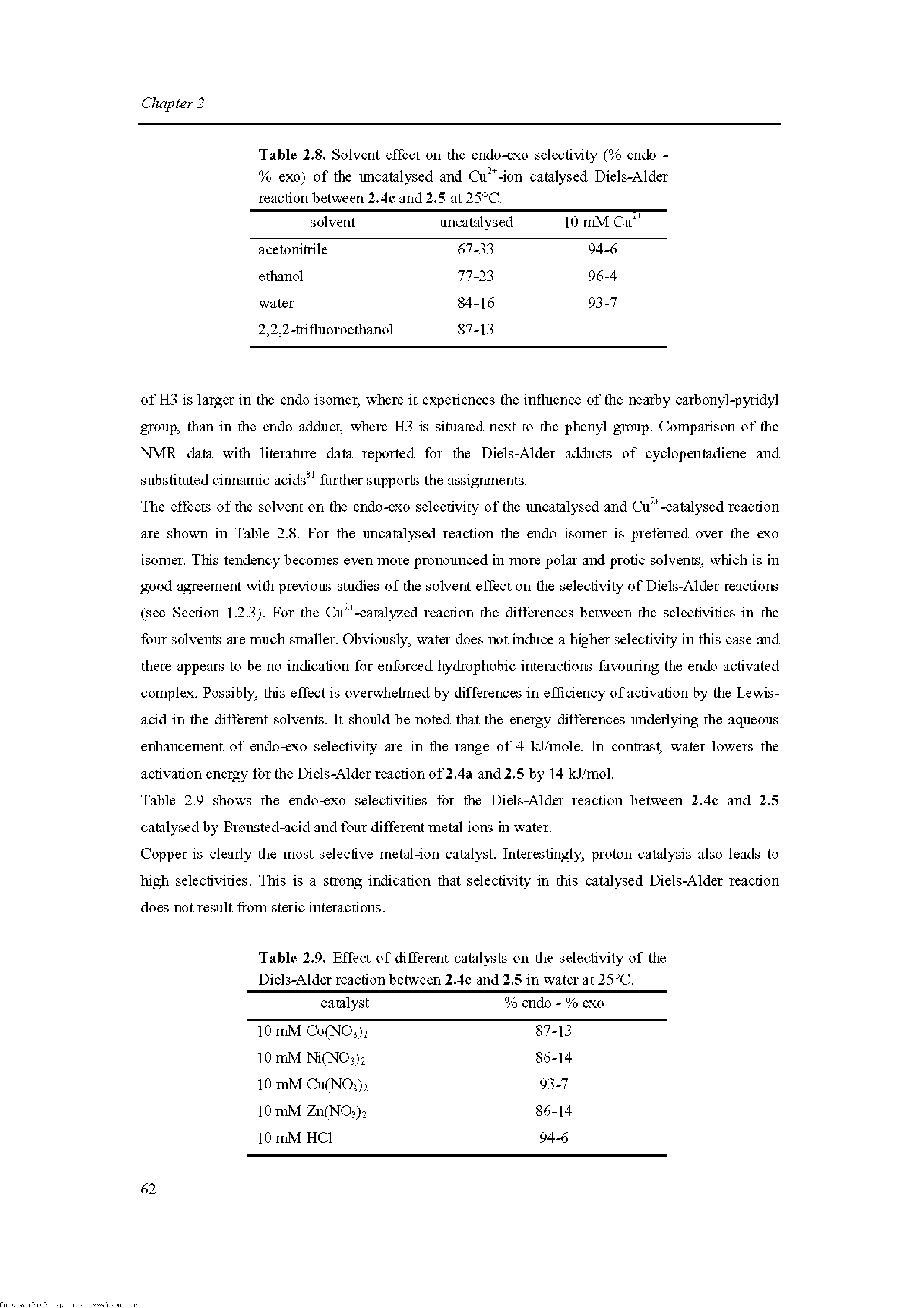 Table 2,8, Solvent effect on the endo-exo selectivity (% endo -% exo) of the nncatalysed and Cu" -ion catalysed Diels-Alder reaction between 2,4c and 2,5 at 25°C.