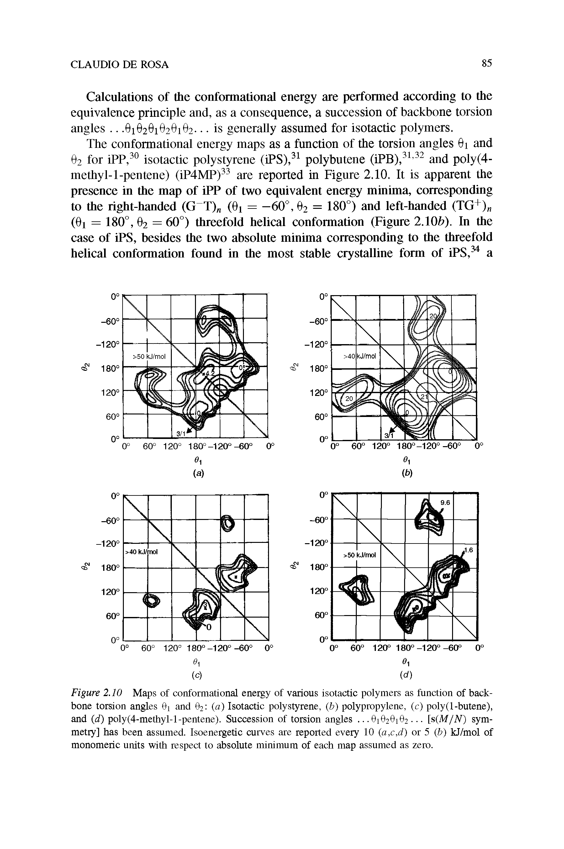 Figure 2.10 Maps of conformational energy of various isotactic polymers as function of backbone torsion angles 0i and 02 (a) Isotactic polystyrene, (b) polypropylene, (c) poly(l-butene), and (d) poly(4-methyl-l-pentene). Succession of torsion angles. .. 0i020i02 [s(M/N) symmetry] has been assumed. Isoenergetic curves are reported every 10 (a,c,d) or 5 (b) kJ/mol of monomeric units with respect to absolute minimum of each map assumed as zero.