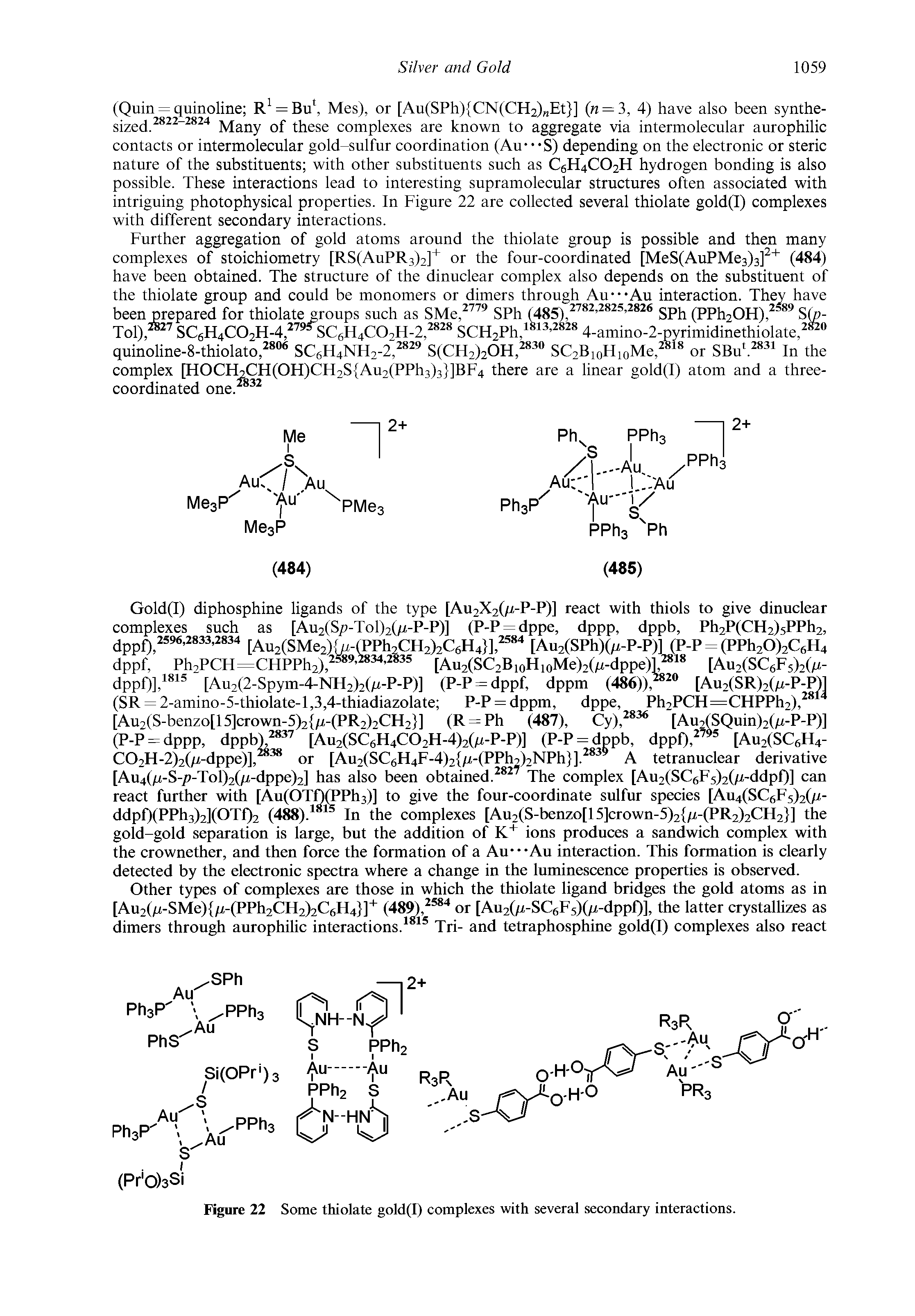 Figure 22 Some thiolate gold(I) complexes with several secondary interactions.