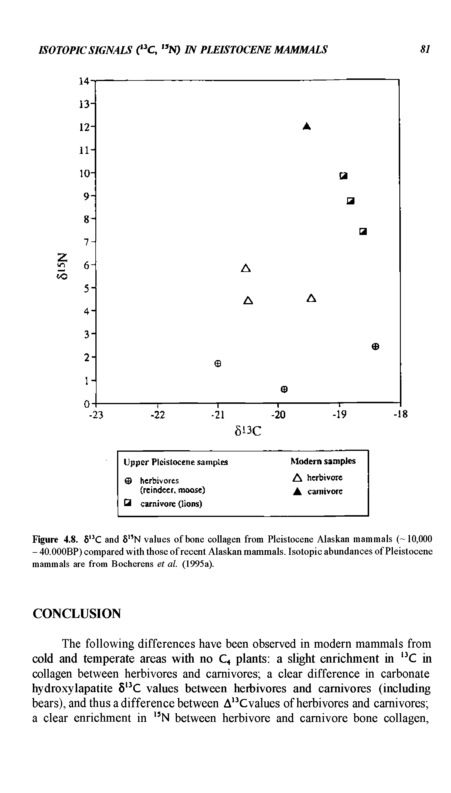 Figure 4.8. 6 C and 8 N values of bone collagen from Pleistocene Alaskan mammals (-10,000 - 40.000BP) compared with those of recent Alaskan mammals. Isotopic abundances of Pleistocene mammals are from Bocherens et al. (1995a).