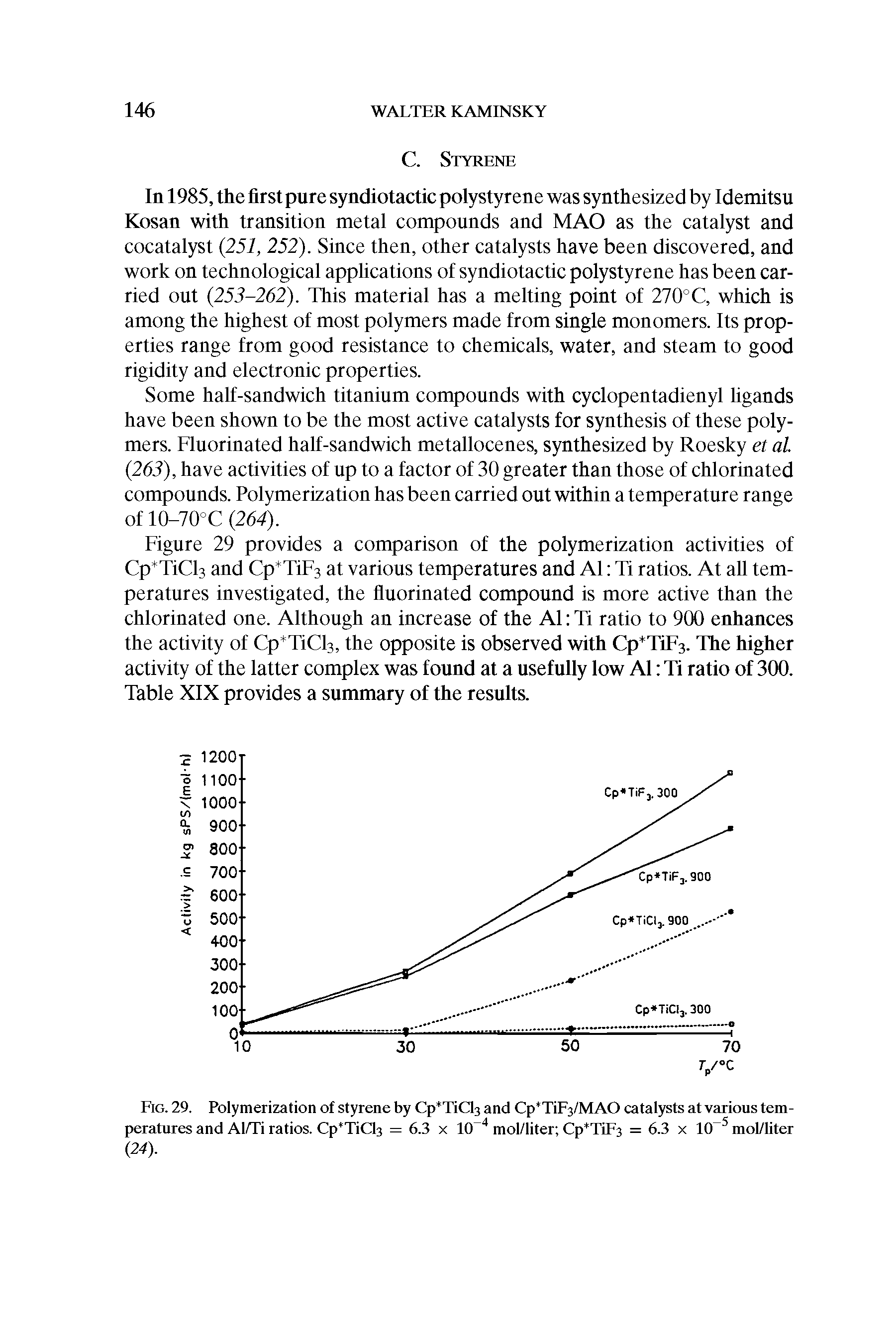 Fig. 29. Polymerization of styrene by Cp TiCl3 and Cp TiFj/MAO catalysts at various temperatures and Al/Ti ratios. Cp TiCl3 = 6.3 x 10 4 mol/liter Cp TiF3 = 6.3 x 10 5 mol/liter (24).