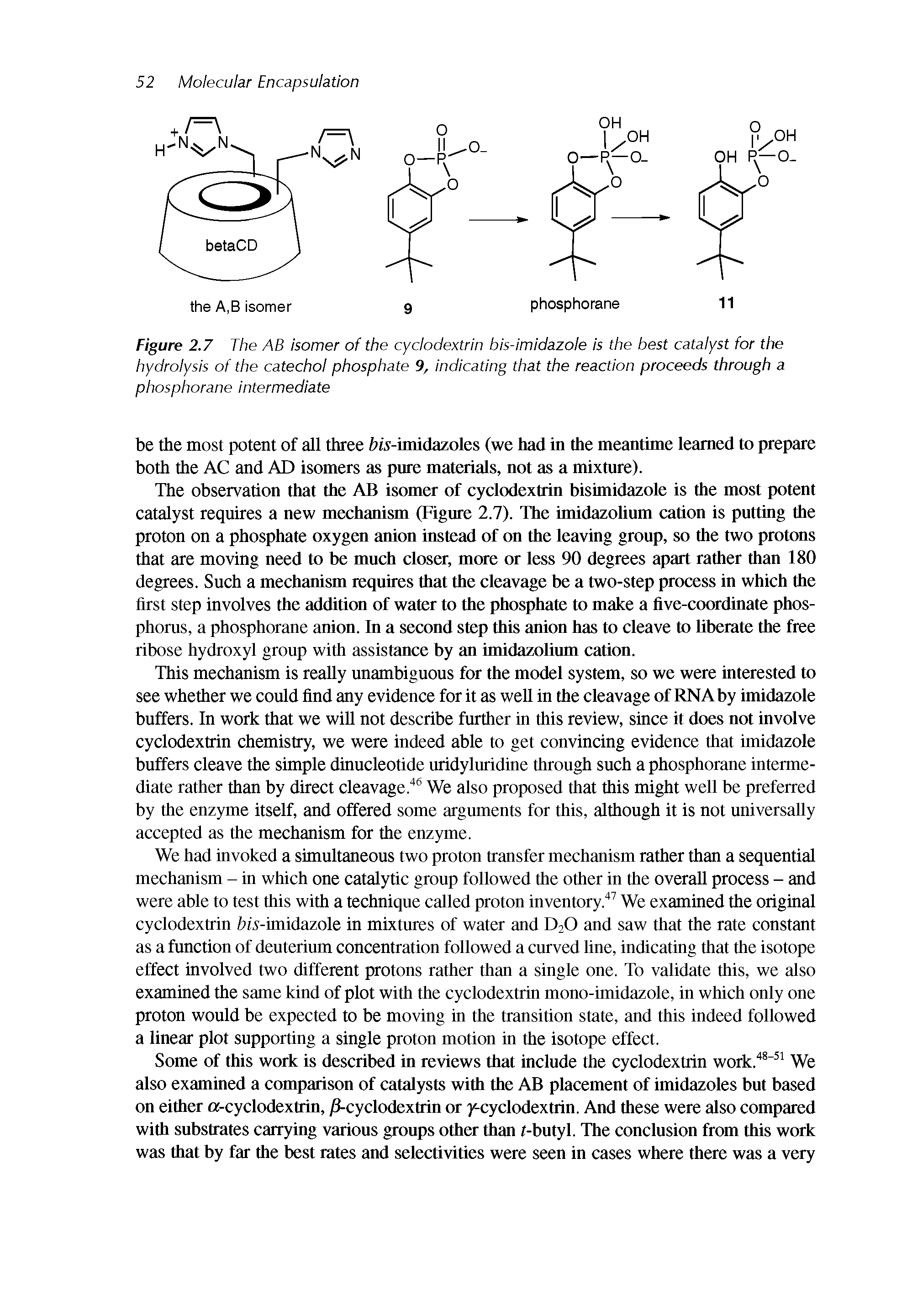 Figure 2.7 The AB Isomer of the cyclodextrin bis-imidazole Is the best catalyst for the hydrolysis of the catechol phosphate 9, indicating that the reaction proceeds through a phosphorane intermediate...