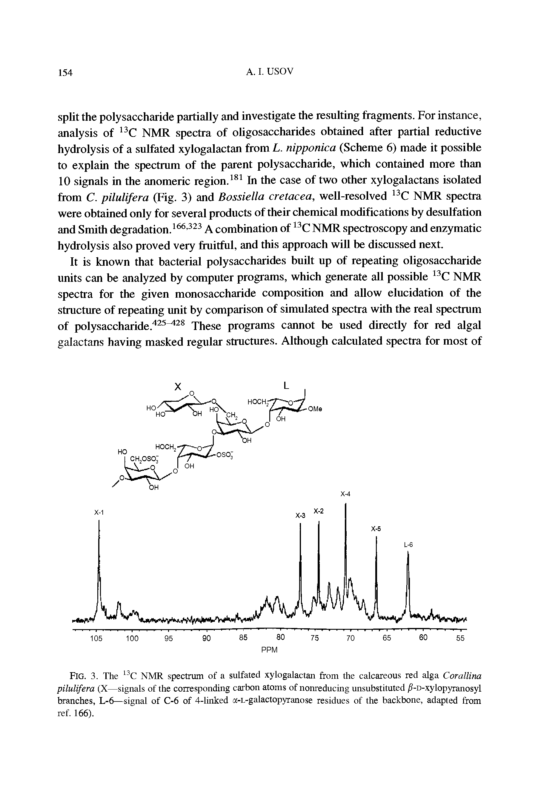 Fig. 3. The 13C NMR spectrum of a sulfated xylogalactan from the calcareous red alga Corallina pilulifera (X—signals of the corresponding carbon atoms of nonreducing unsubstituted /J-D-xylopyranosyl branches, L-6—signal of C-6 of 4-linked a-L-galactopyranose residues of the backbone, adapted from ref. 166).
