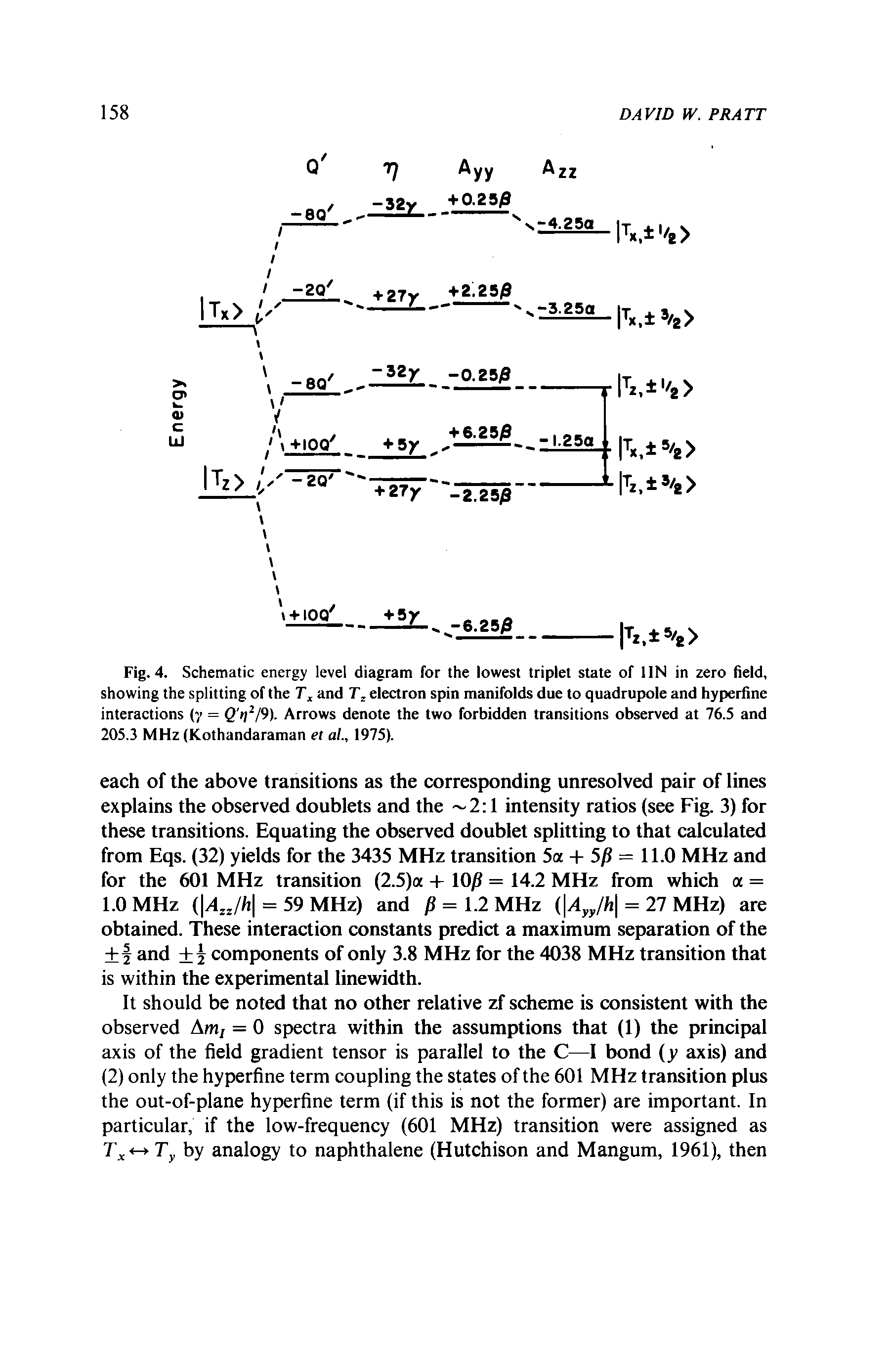 Fig. 4. Schematic energy level diagram for the lowest triplet state of I IN in zero held, showing the splitting of the and T. electron spin manifolds due to quadrupole and hyperfine interactions (y = 0 i) /9). Arrows denote the two forbidden transitions observed at 76.5 and 205.3 MHz (Kothandaraman et al., 1975).
