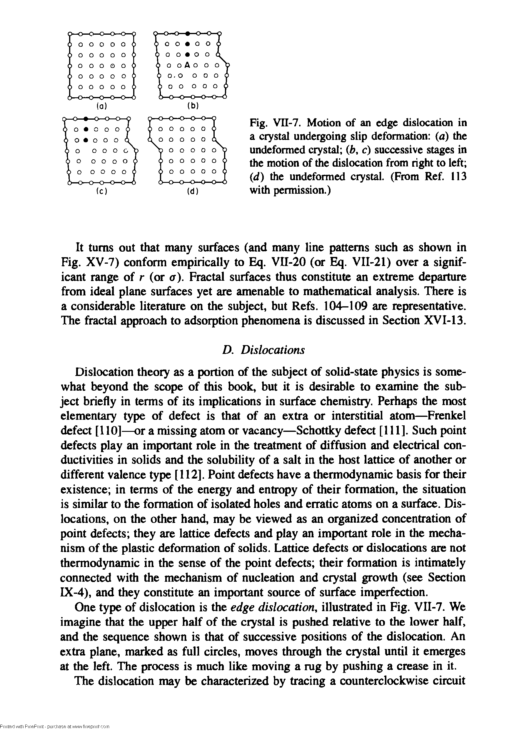 Fig. VII-7. Motion of an edge dislocation in a crystal undeigoing slip deformation (a) the undeformed crystal (b, c) successive stages in the motion of the dislocation from right to left (d) the undeformed crystal. (From Ref. 113 with permission.)...