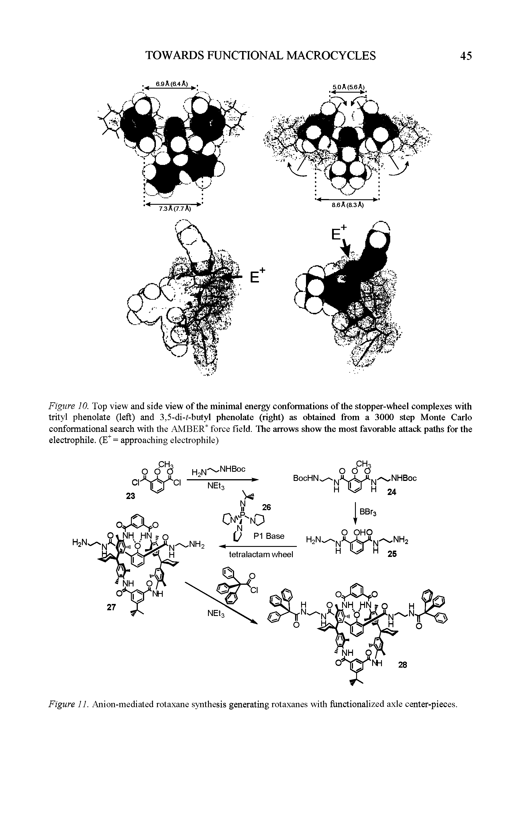 Figure 10. Top view and side view of the minimal energy conformations of the stopper-wheel complexes with trityl phenolate (left) and 3,5-di-f-butyl phenolate (right) as obtained from a 3000 step Monte Carlo conformational search with the AMBER force field. The arrows show the most favorable attack paths for the electrophile. (E+= approaching electrophile)...