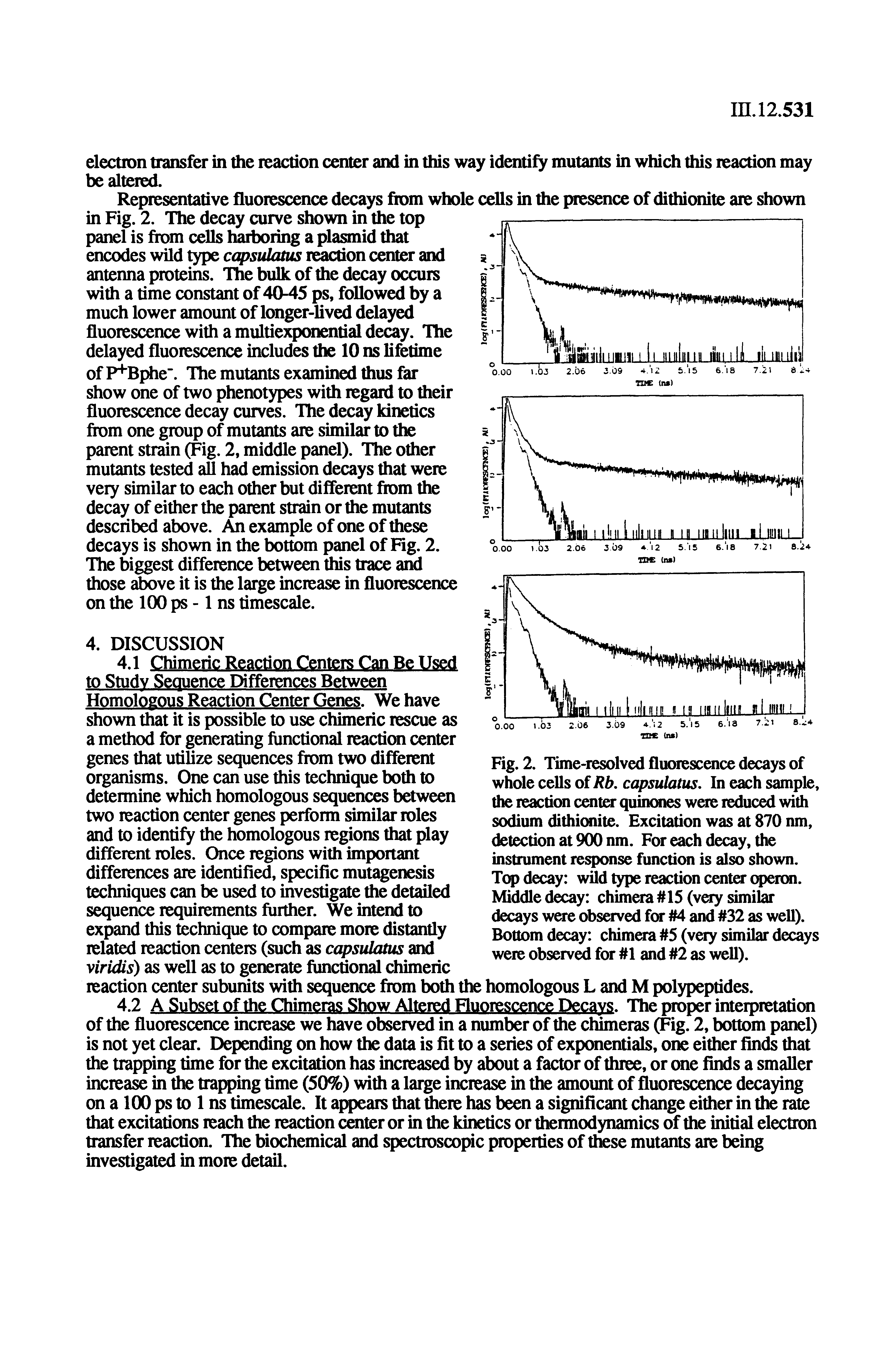 Fig. 2. Time-resolved fluorescence decays of whole cells of Rb. capsulatus. In each sample, the reaction center quinones west reduced with sodium dithionite. Excitation was at 870 nm, detection at 900 nm. For each decay, the instrument response function is also shown. Top decay wild type reaction center operon. Middle decay chimera 15 (yery similar decays w e observed for 4 and 32 as well). Bottom decay chimera 5 (vay similar decays. , -. .. wereobserv for and 2aswell).
