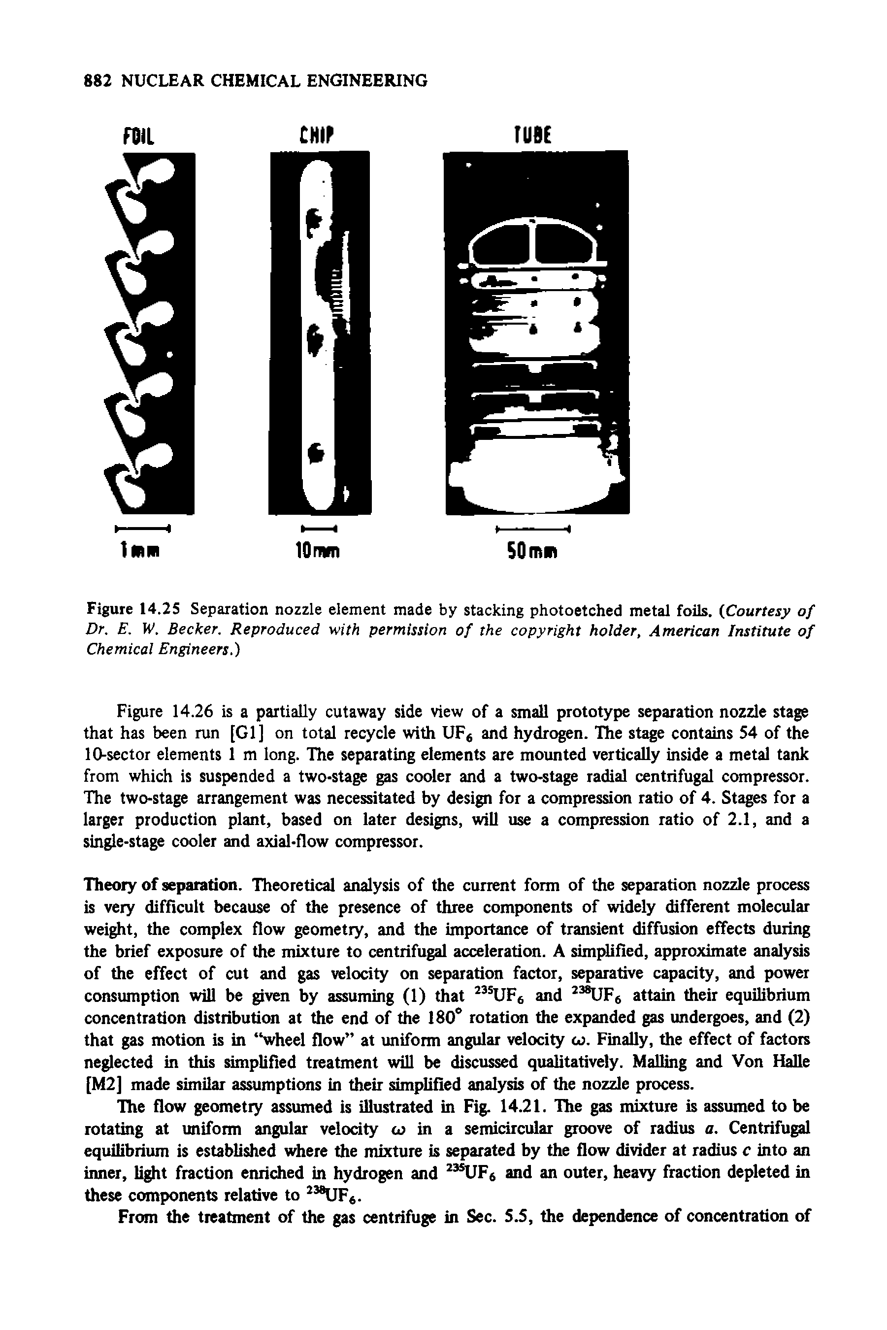 Figure 14.25 Separation nozzle element made by stacking photoetched metal foils. (Courtesy of Dr. E. W. Becker. Reproduced with permission of the copyright holder, American Institute of Chemical Engineers.)...