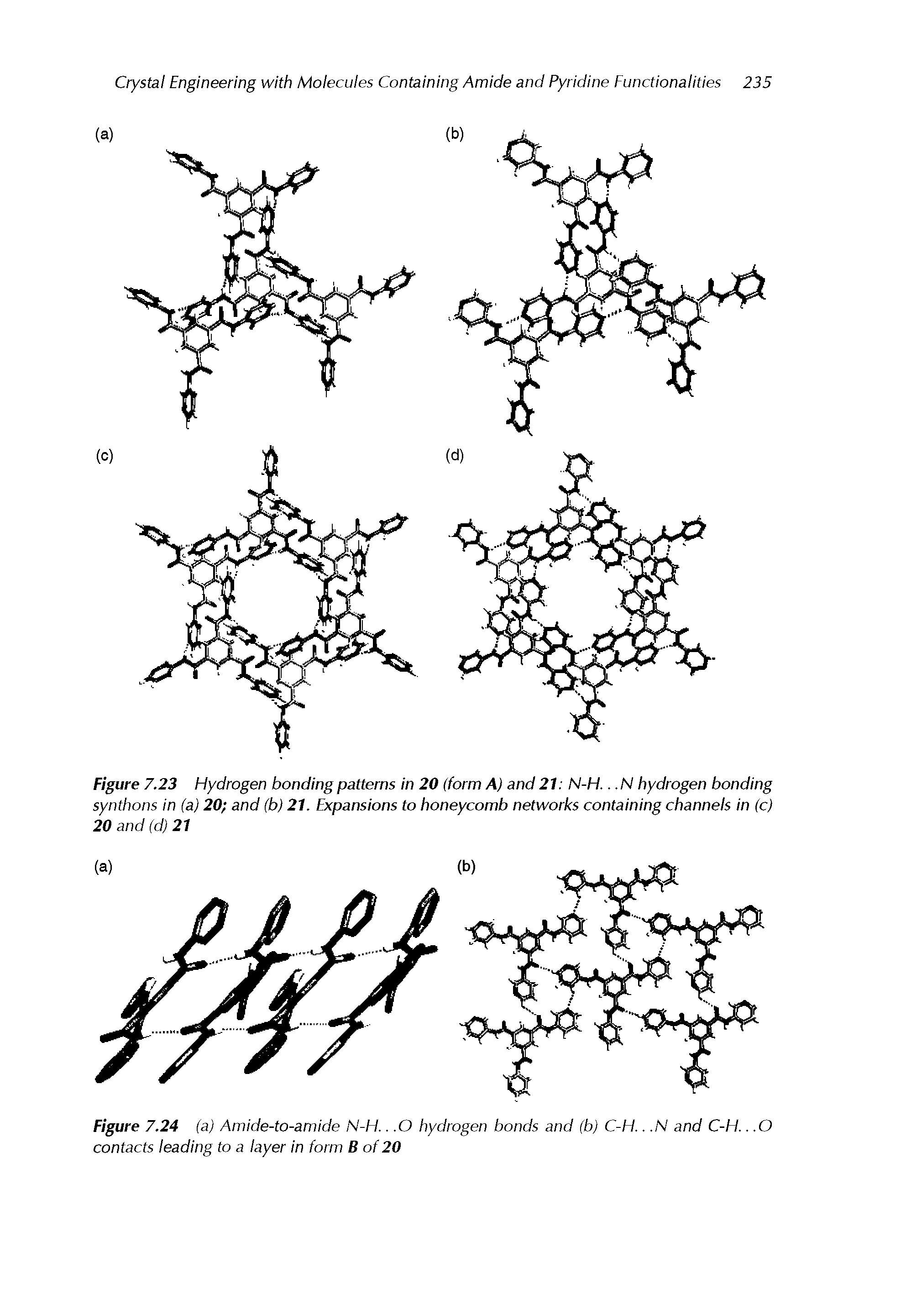 Figure 7.23 Hydrogen bonding patterns in 20 (form A) and 21 N-H... N hydrogen bonding synthons in (a) 20 and (b) 21. Expansions to honeycomb networks containing channels in (c)...