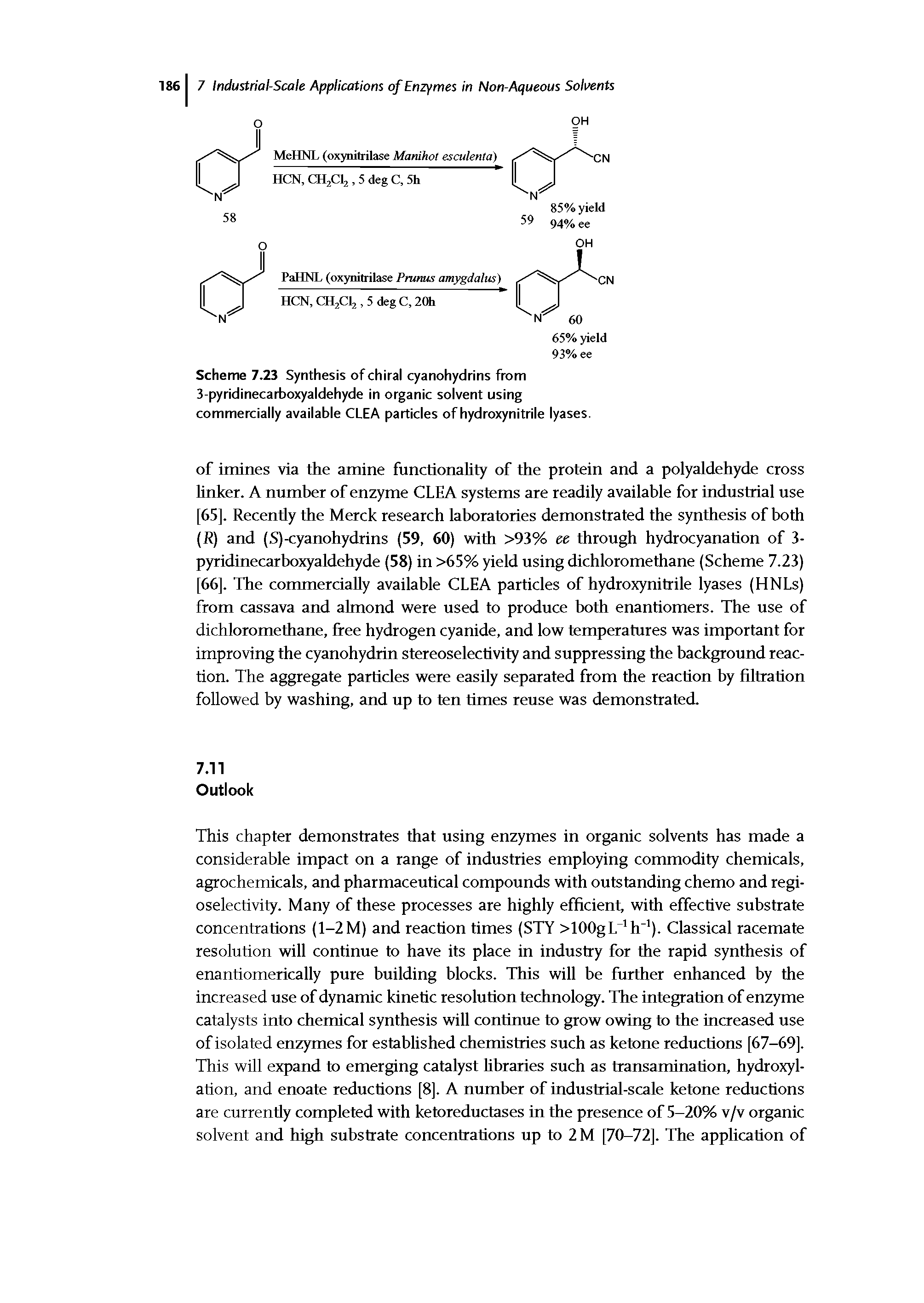 Scheme 7.23 Synthesis of chiral cyanohydrins from 3-pyridinecarboxyaldehyde in organic solvent using commercially available CLEA particles of hydroxynitrile lyases.