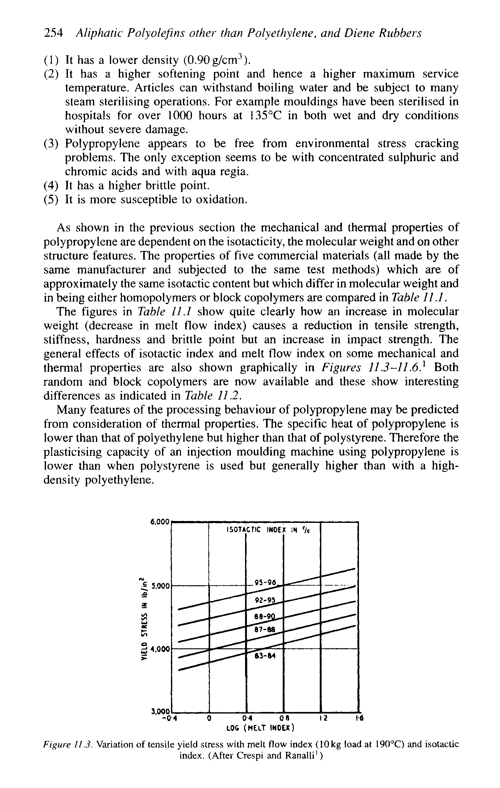 Figure 11.3. Variation of tensile yield stress with melt flow index (10 kg load at 190 C) and isotactic index. (After Crespi and Ranalli )...