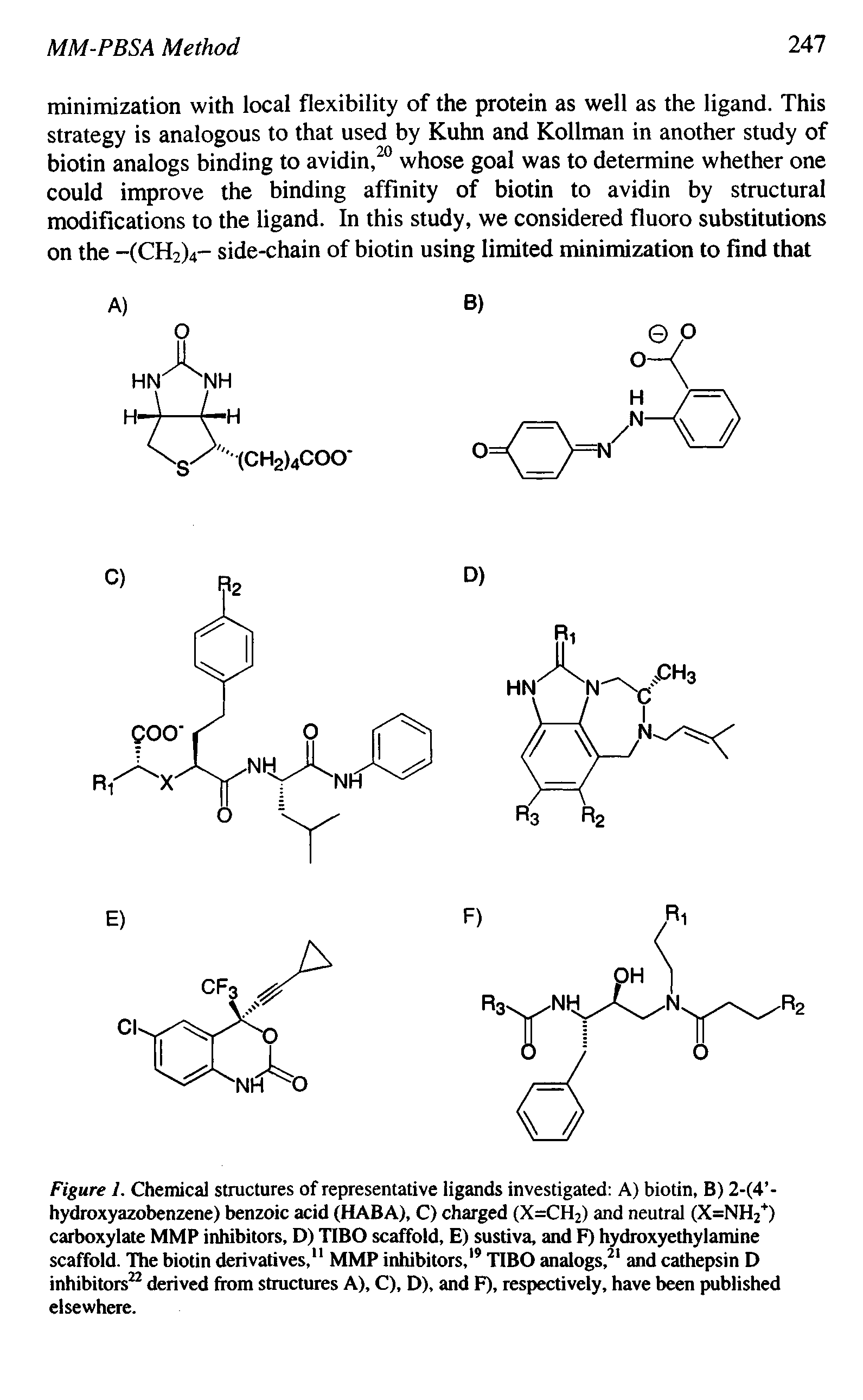 Figure 1. Chemical structures of representative ligands investigated A) biotin, B) 2-(4 -hydroxyazobenzene) benzoic acid (HABA), C) charged (X=CH2) and neutral (X=NH2+) carboxylate MMP inhibitors, D) TIBO scaffold, E) sustiva, and F) hydroxyethylamine scaffold. The biotin derivatives," MMP inhibitors,19 TIBO analogs,21 and cathepsin D inhibitors22 derived from structures A), C), D), and F), respectively, have been published elsewhere.